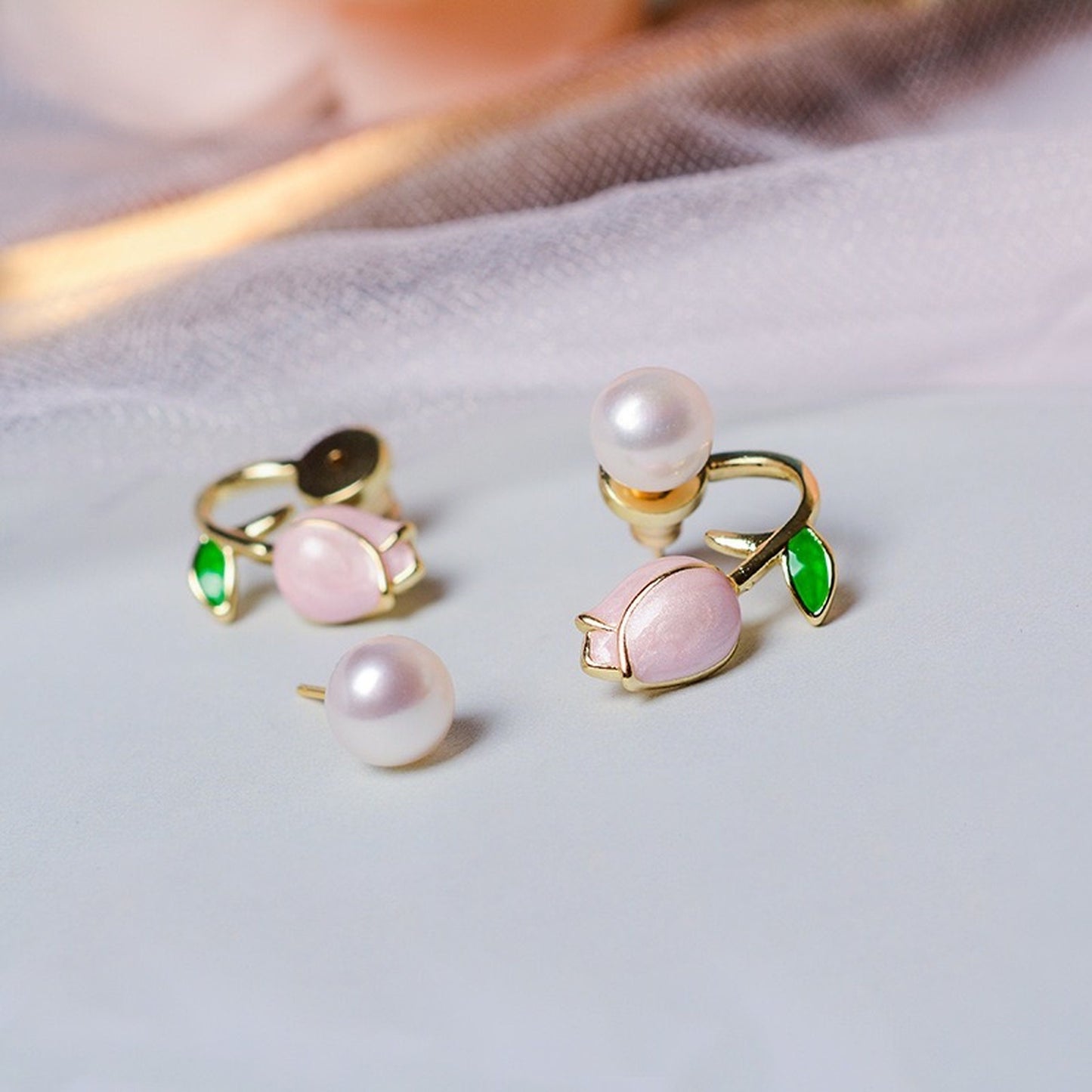 Fairycore Tulip Flower 2 Way Earrings - Pink Rose Cute Ear Crawler Studs