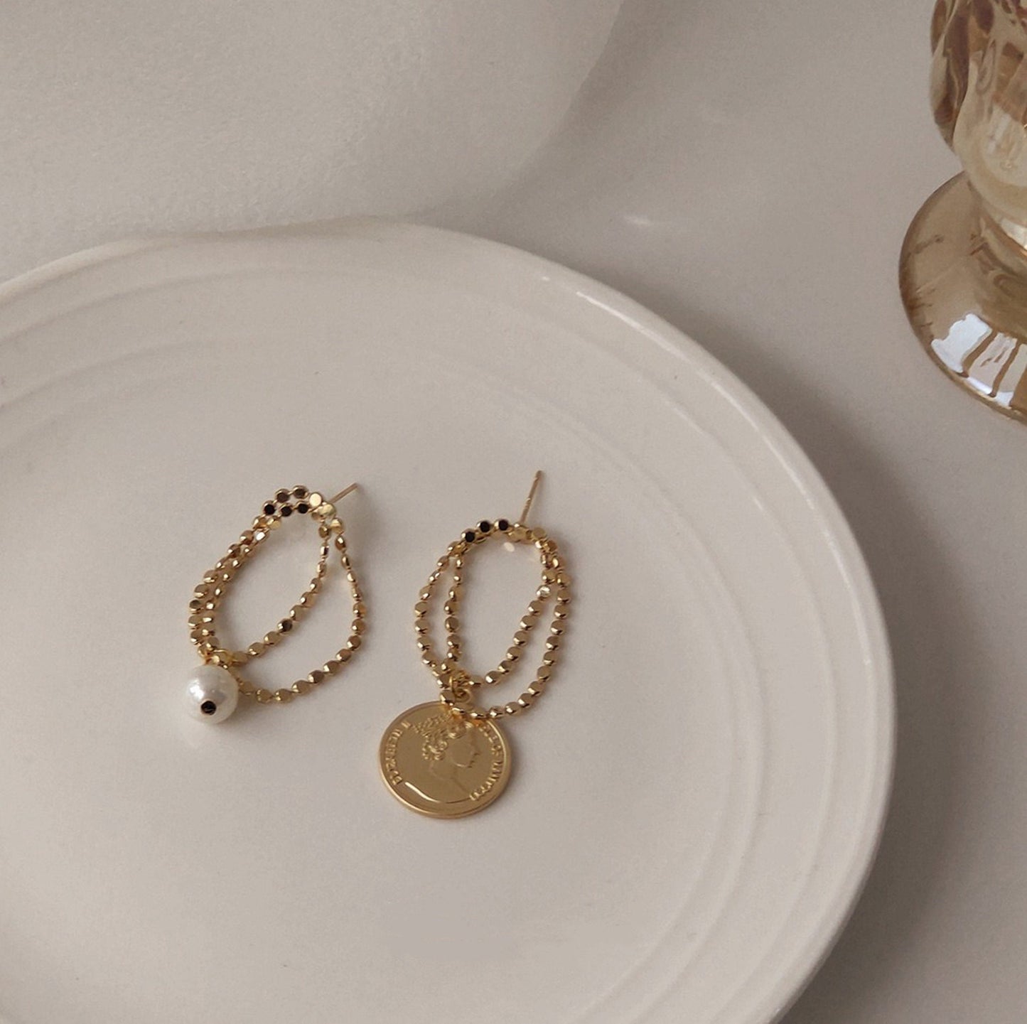 Delicate Gold Coin Earrings - 14K Gold-plated Roman Coin Pearl Dangly Earrings - Mismatched Medallion Coin Earrings