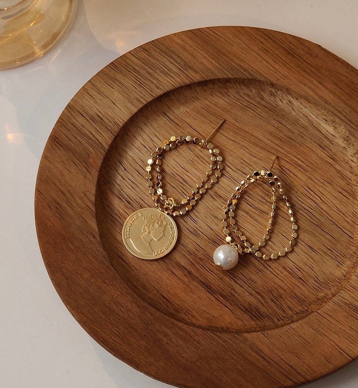 Delicate Gold Coin Earrings - 14K Gold-plated Roman Coin Pearl Dangly Earrings - Mismatched Medallion Coin Earrings