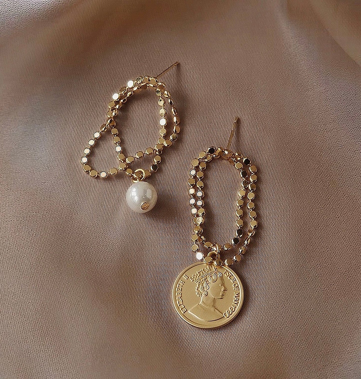 Delicate Gold Coin Earrings - 14K Gold-plated Roman Coin Pearl Dangly Earrings - Mismatched Medallion Coin Earrings