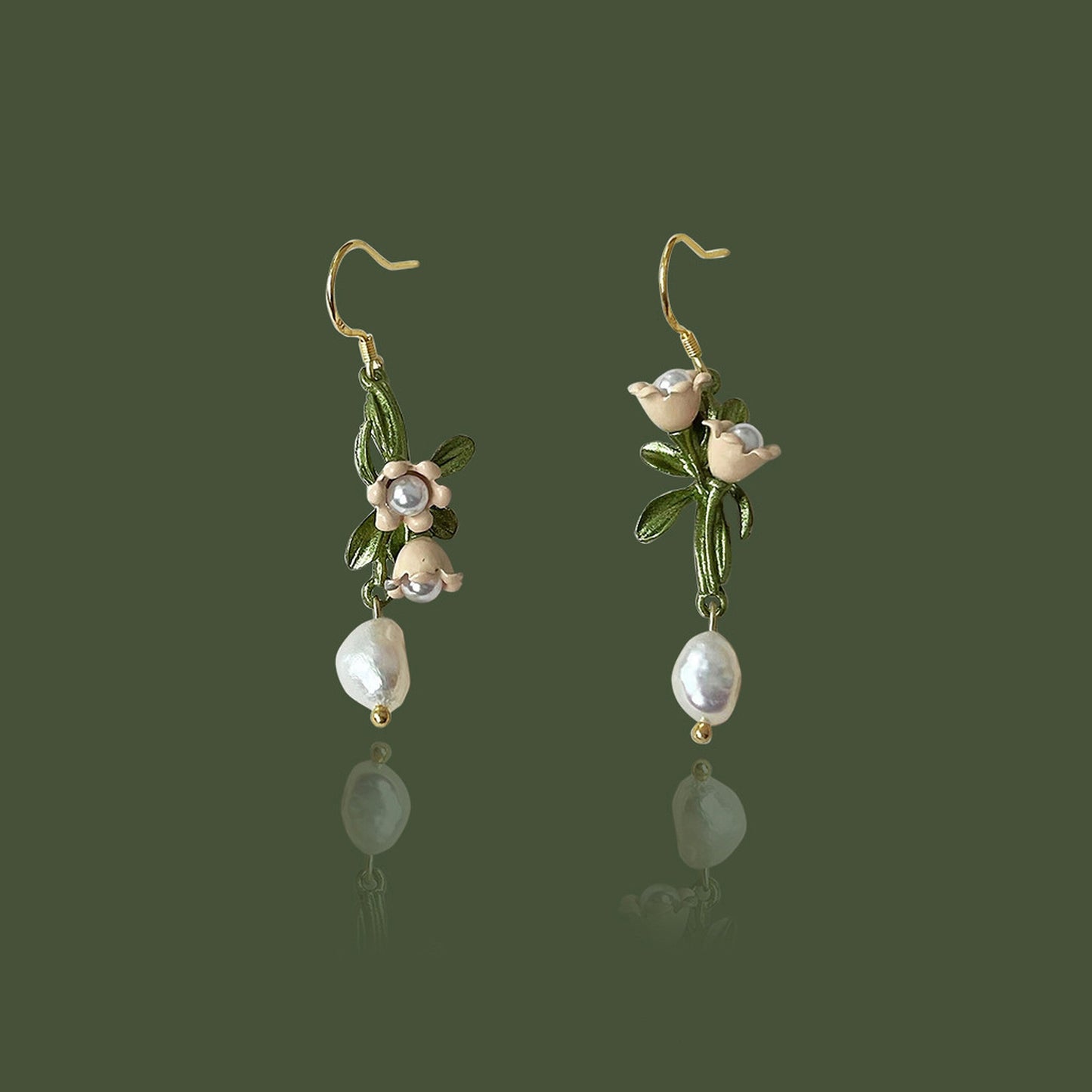 Mismatched Freshwater Pearl Drop Gold Hoop Earrings | Lily of the Valley Flower Cluster Earrings