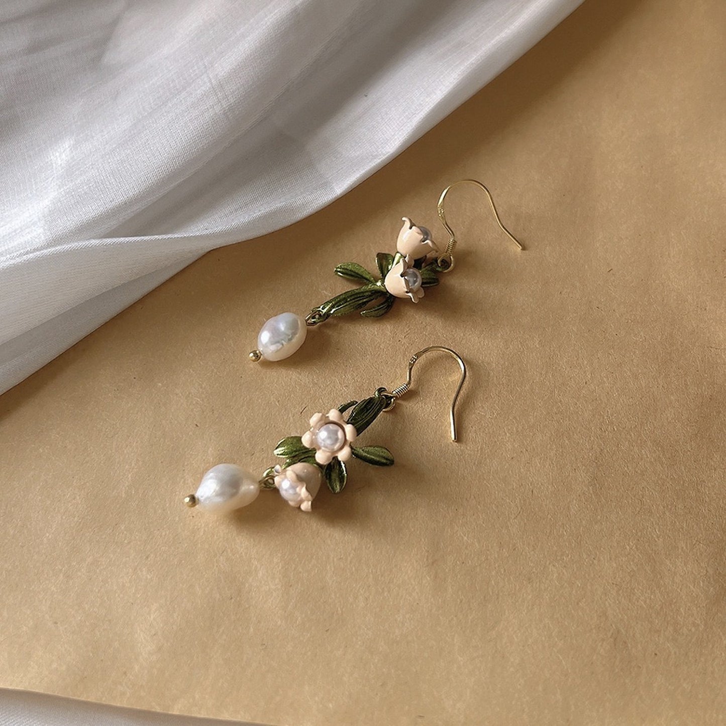 Mismatched Freshwater Pearl Drop Gold Hoop Earrings | Lily of the Valley Flower Cluster Earrings