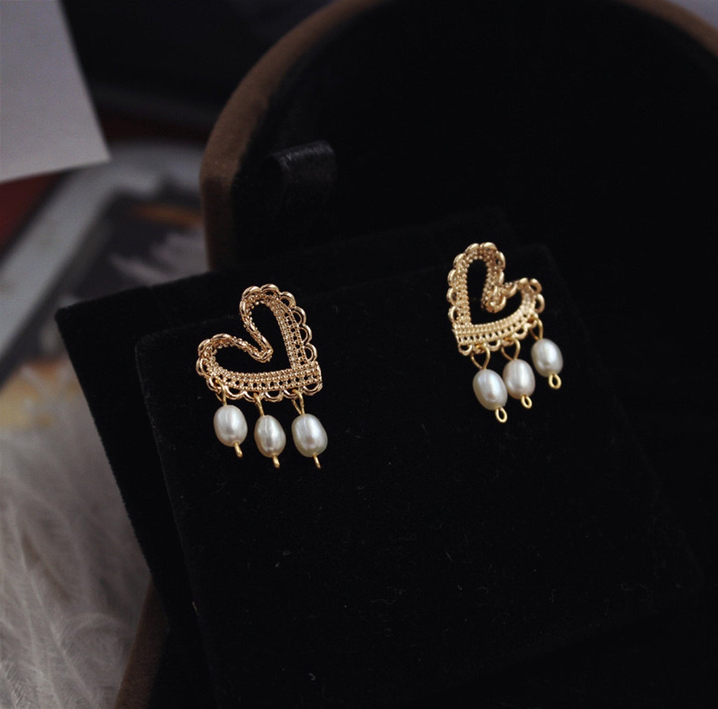 Romantic Heart Gold Lace Earrings | Freshwater Pearl Hoop Tassel Earrings