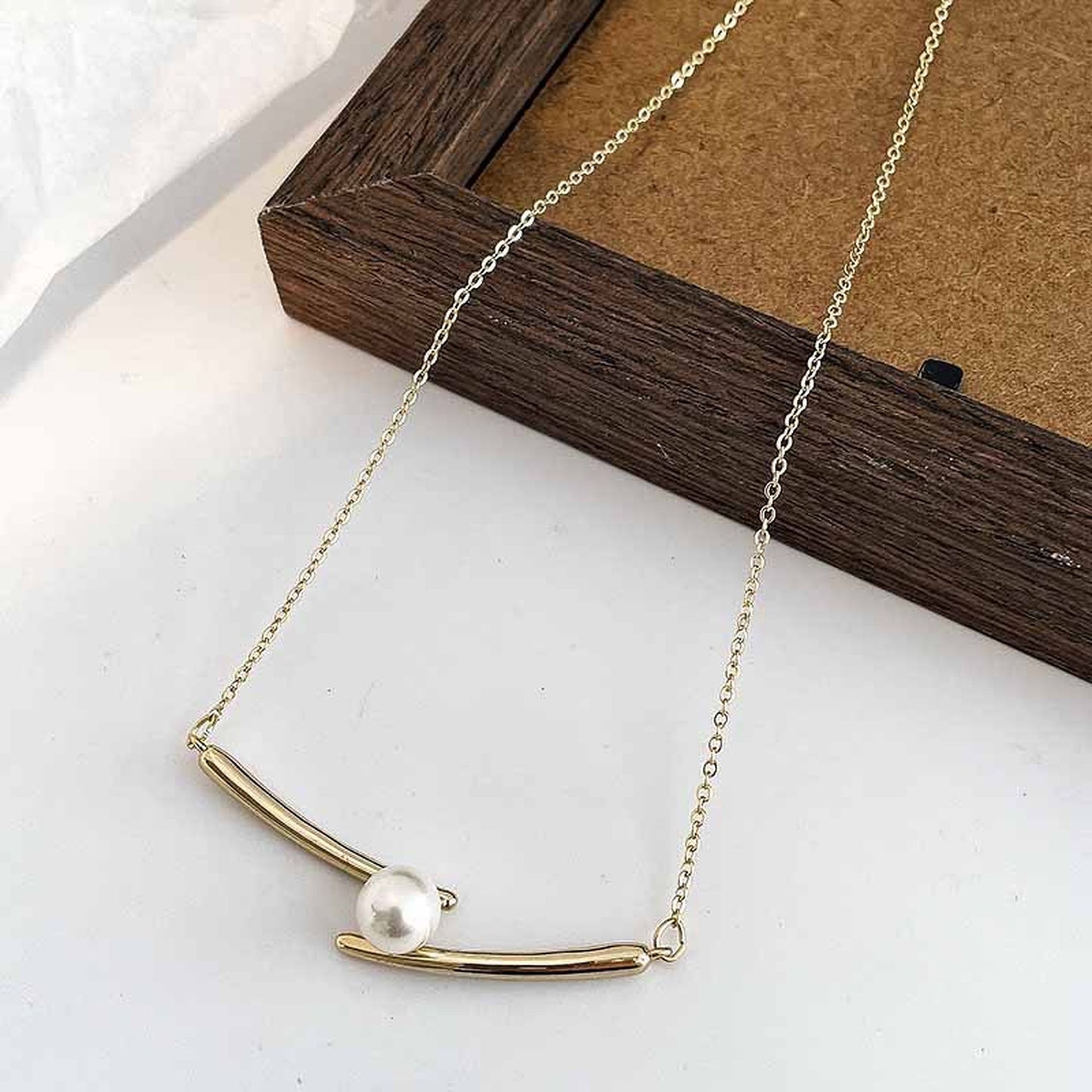 Mismatched Pearl Pendant Necklace - Gold Intersect Cross Necklace - Curved Bar Overlap Layering Necklace