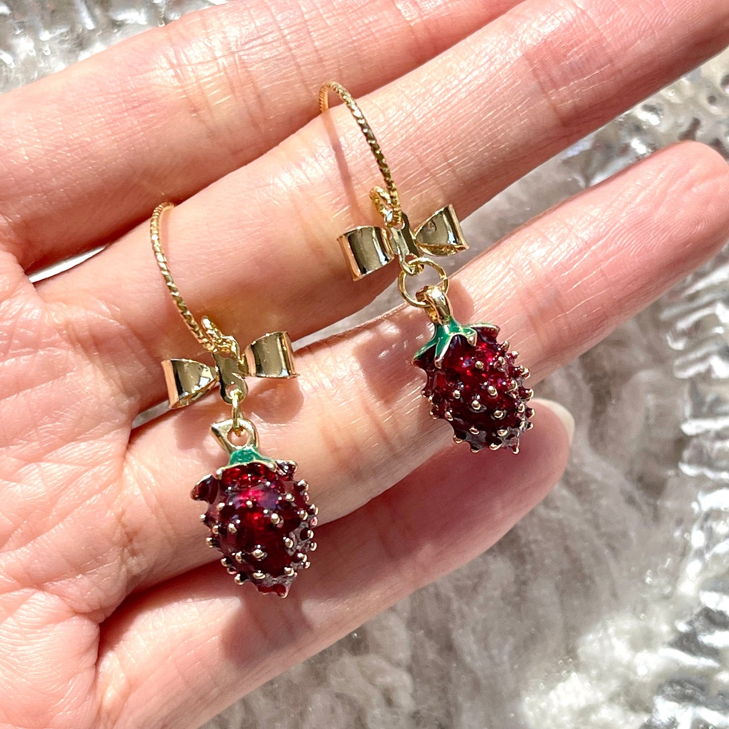 Delicate Cute Strawberry Fruit Earrings - Gold Bow Ribbon Earrings