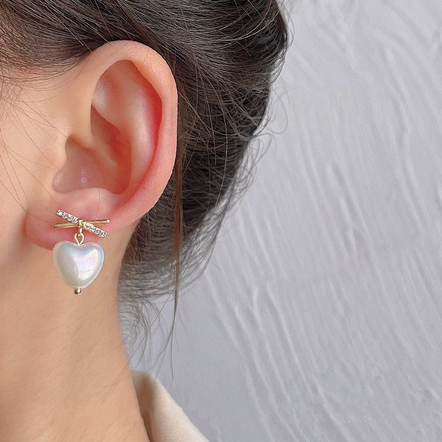 Romantic White Pearl Heart Chunky Stud Earrings | Delicate Gold Bow Ribbon Earrings