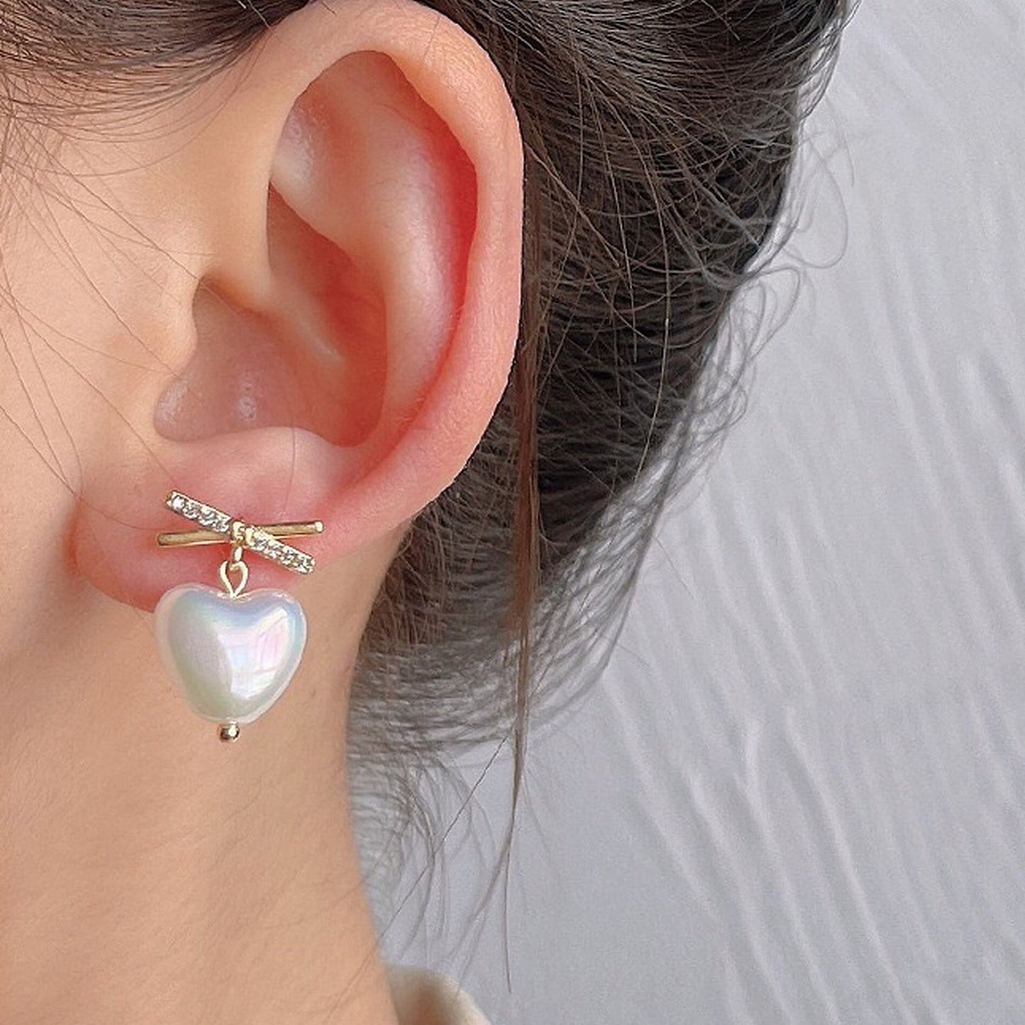 Romantic White Pearl Heart Chunky Stud Earrings | Delicate Gold Bow Ribbon Earrings