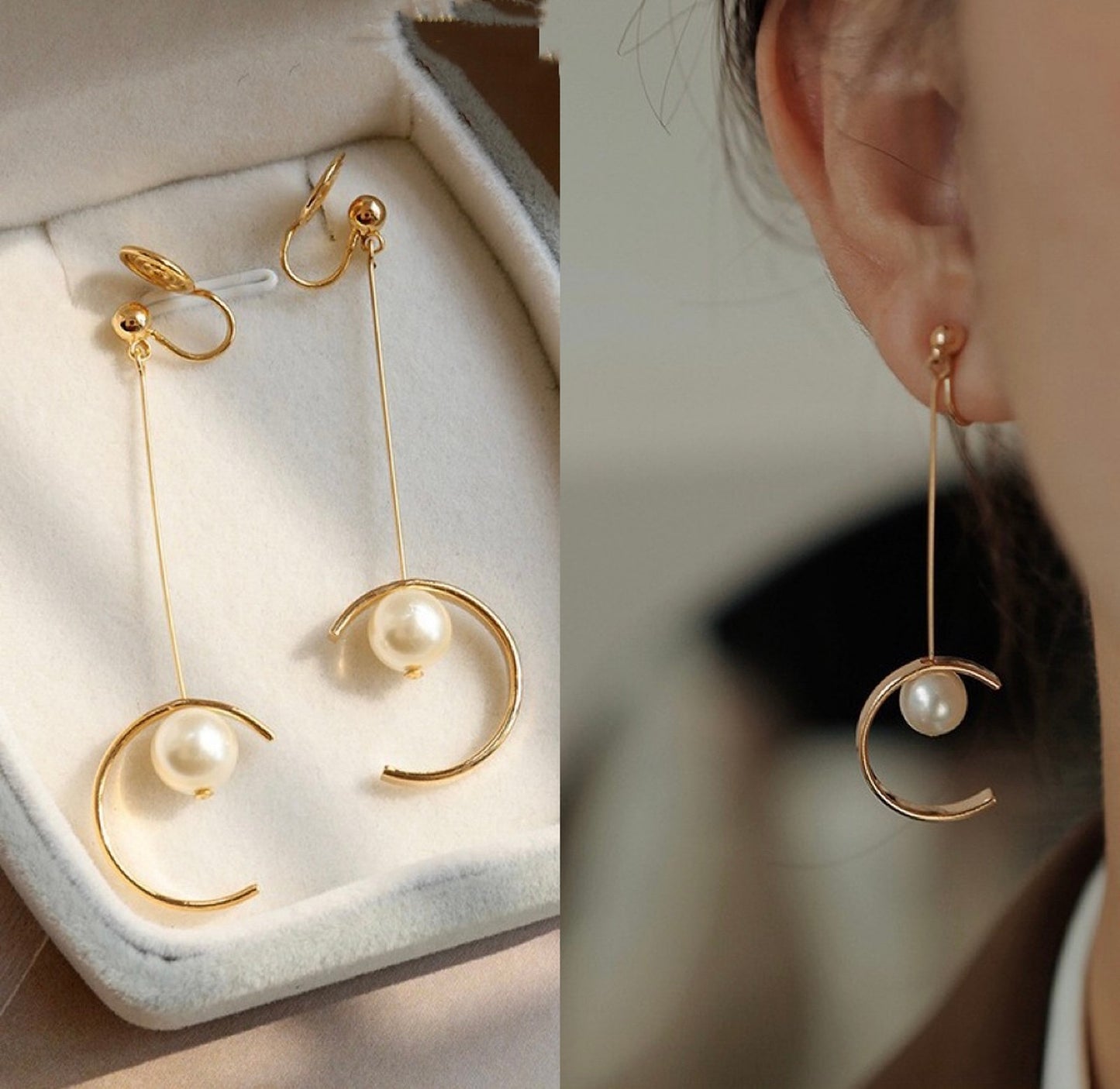 No piercing dangle earrings, Semicircle gold hoop earrings, Natural ivory pearl statement earrings, Non pierced clip on earrings, Geometric