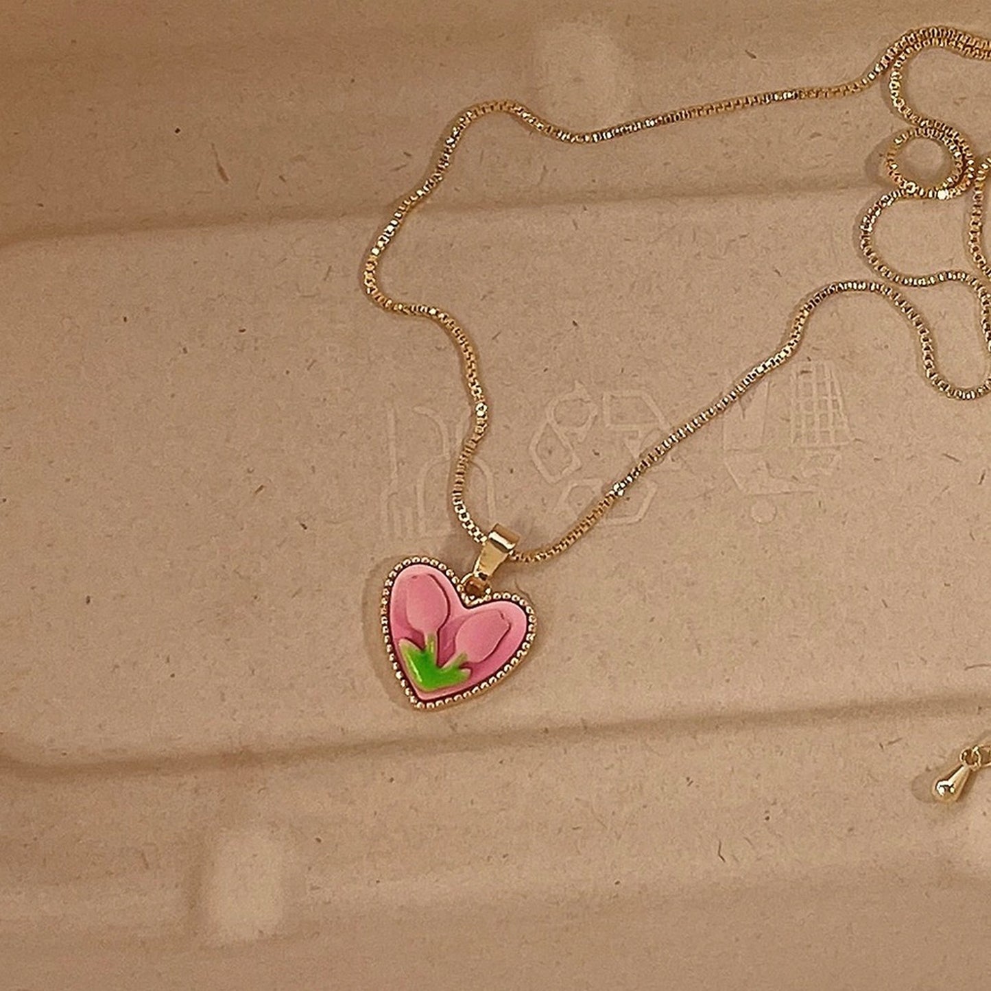 Cute Pink Tulip Flower Pendant Necklace | Pink Heart Charm Layering Gold Necklace Choker