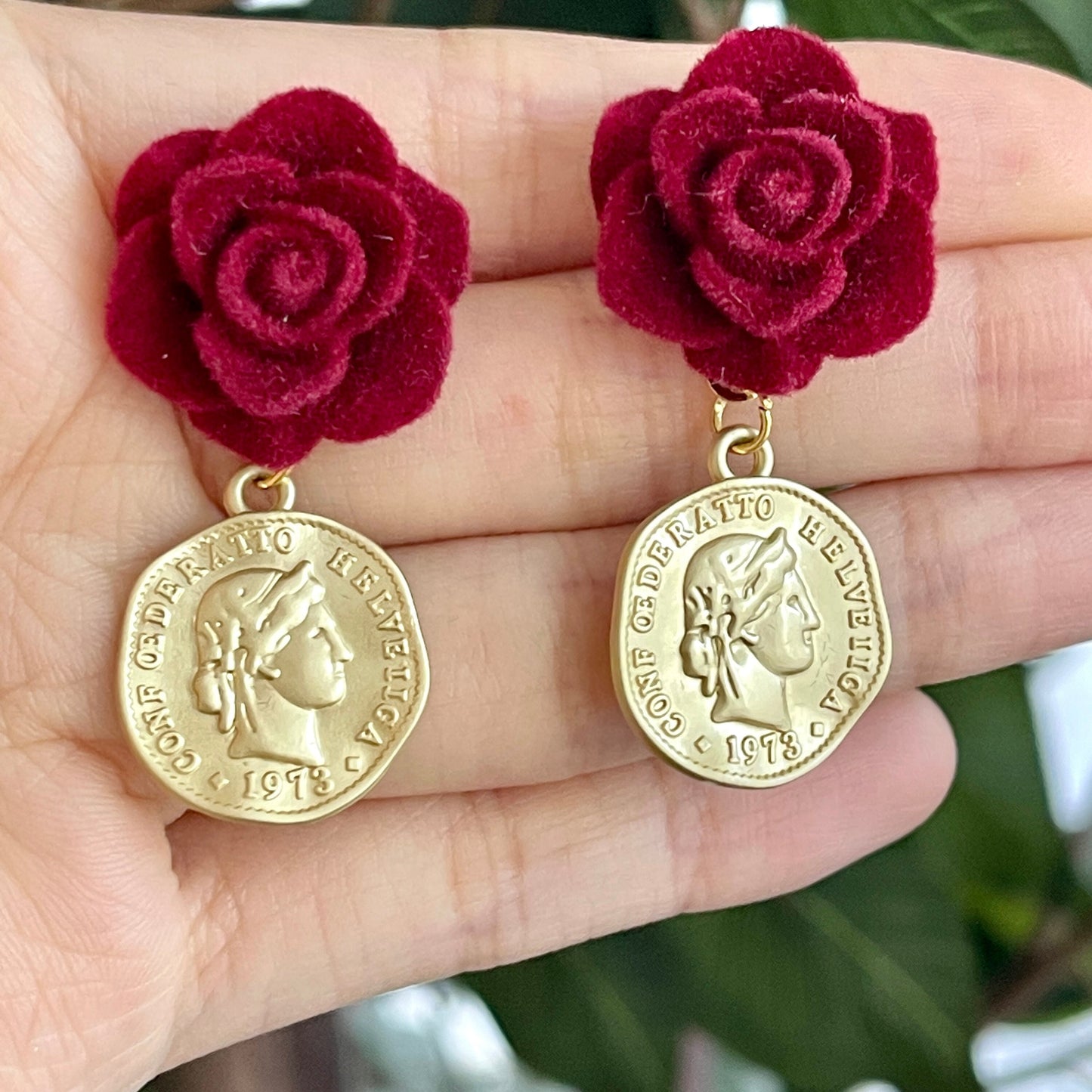 Romantic Handmade Red Velvet Rose Flower Earrings | Vintage Retro Gold Coin Statement Jewelry