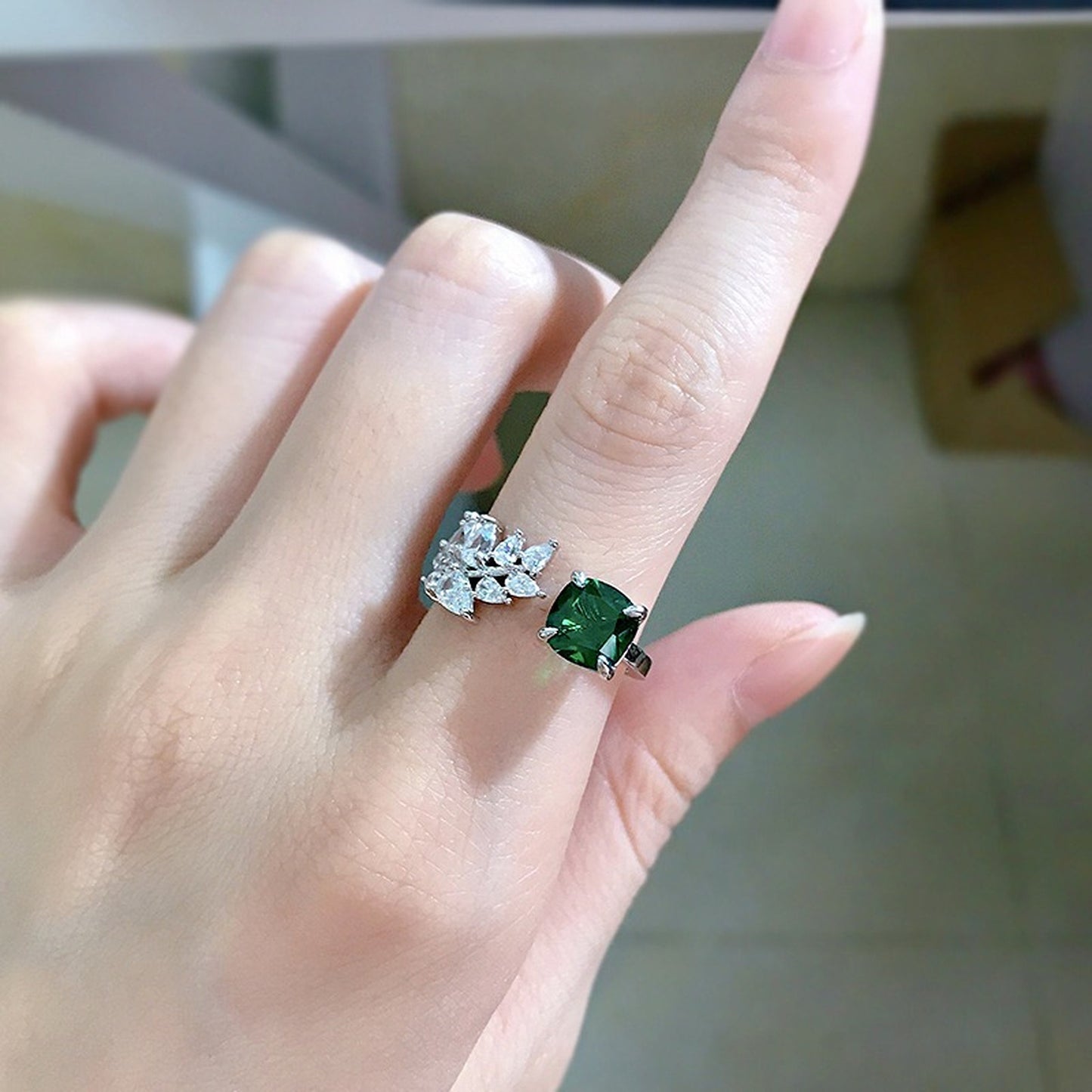 Celebrity Style Cushion Cut Emerald Ring - Green Leaf Diamond Ring