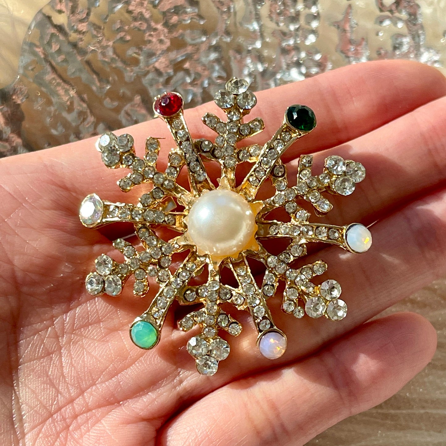 Sparkling Snowflake Brooch, Winter Holiday Christmas Accessory Jewelry, Gold Pearl Cubic Zirconia Brooch, Handmade Christmas Gift for women