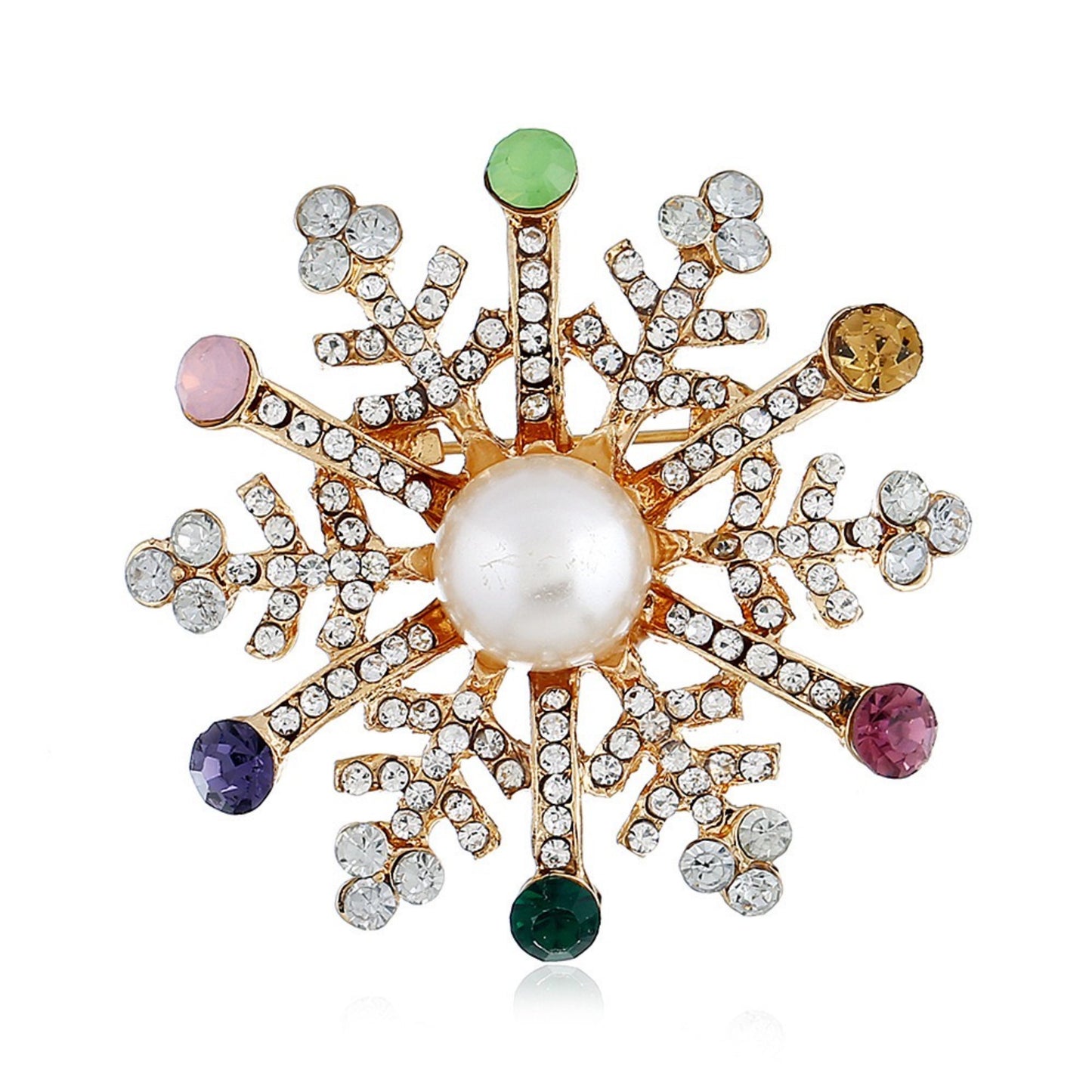 Sparkling Snowflake Brooch, Winter Holiday Christmas Accessory Jewelry, Gold Pearl Cubic Zirconia Brooch, Handmade Christmas Gift for women