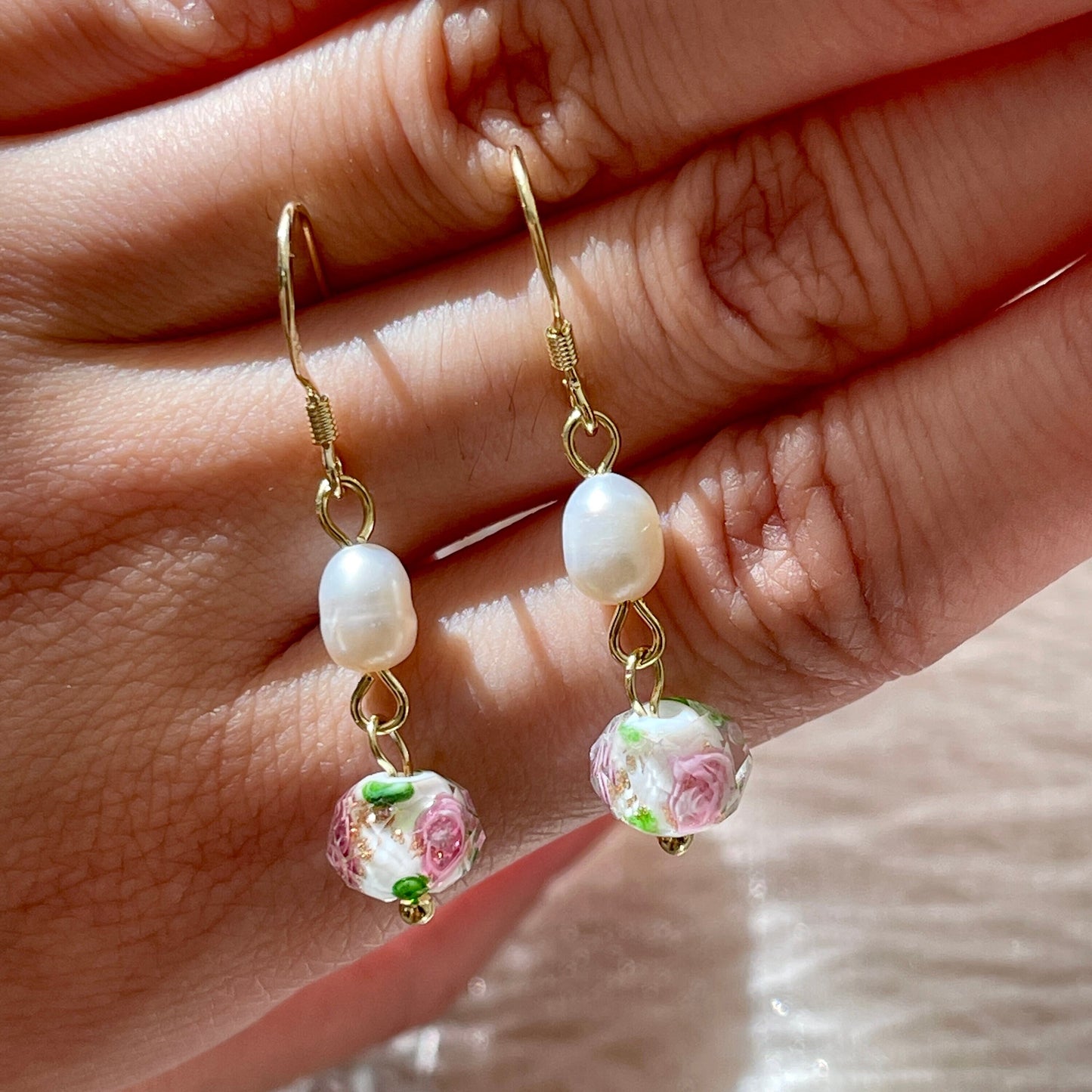 Vintage Wild Rose Drop Earrings - Gold Glazed Ball Natural Pearl Drop Earrings