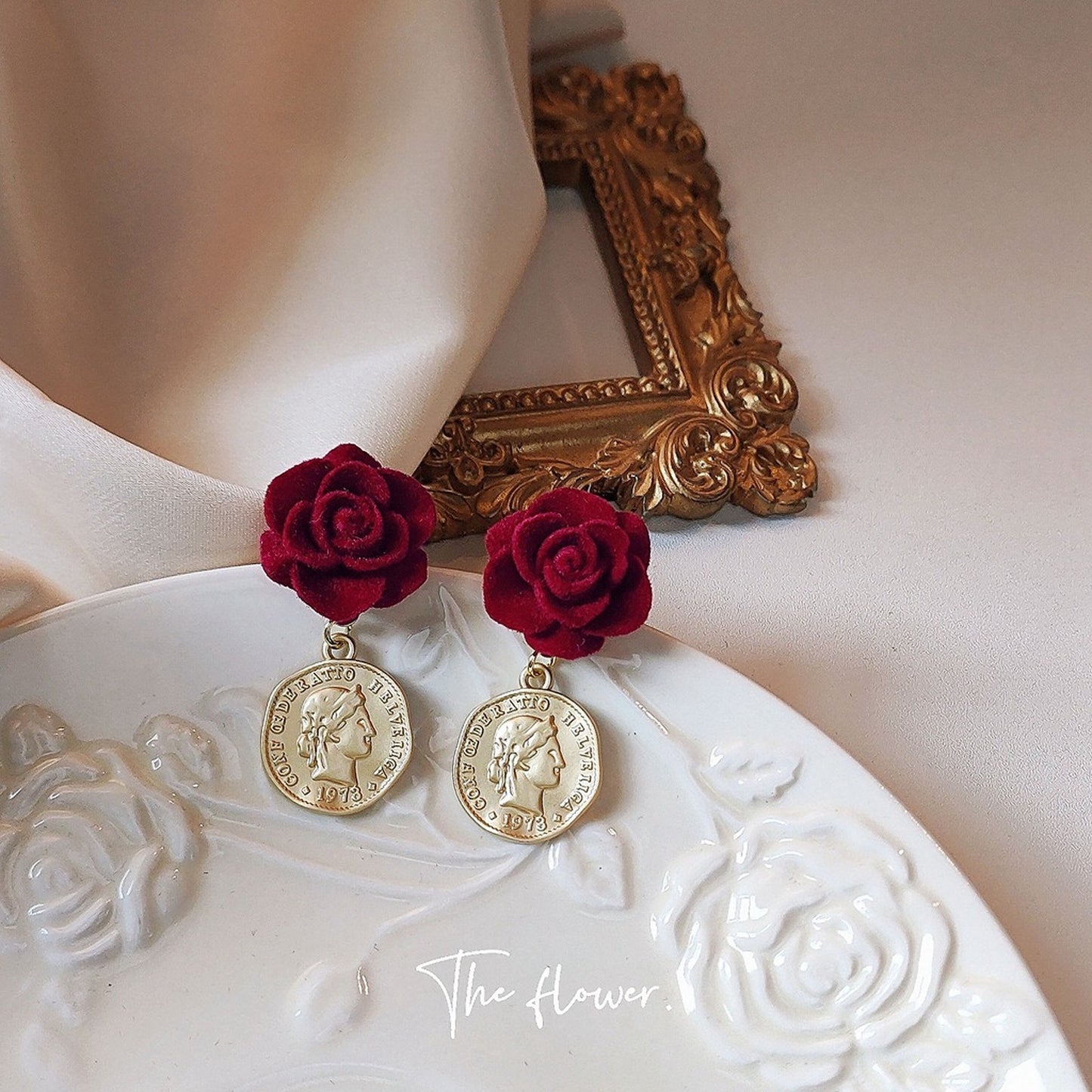 Romantic Handmade Red Velvet Rose Flower Earrings | Vintage Retro Gold Coin Statement Jewelry