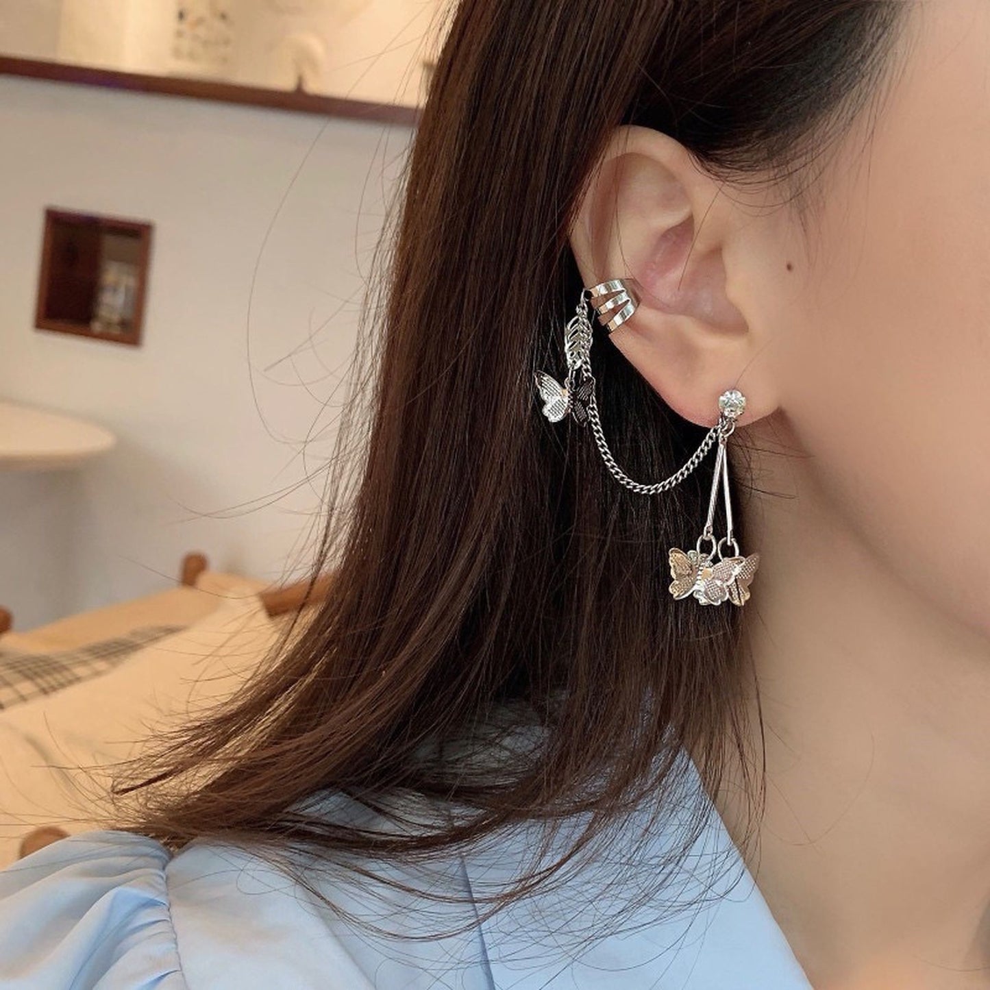 Unique Sterling Silver Multi Layer Butterfly Cuff Wrap | Romantic Gothic Y2K Punk Ear Climber Crawler