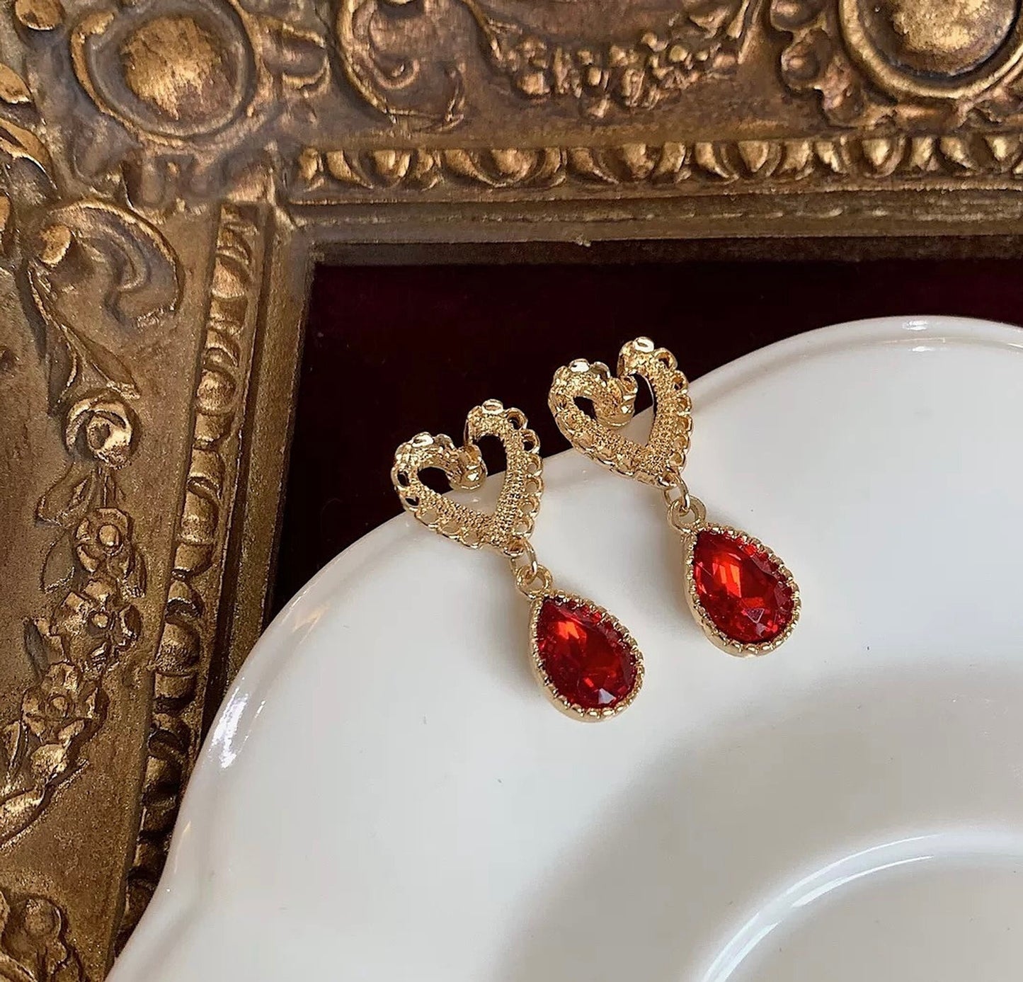 Red Heart Earrings, Romantic Gold Earrings, Red Dangle Earrings, Party Earrings, Gold Lace Earrings, Bridesmaid Anniversary Gift for her