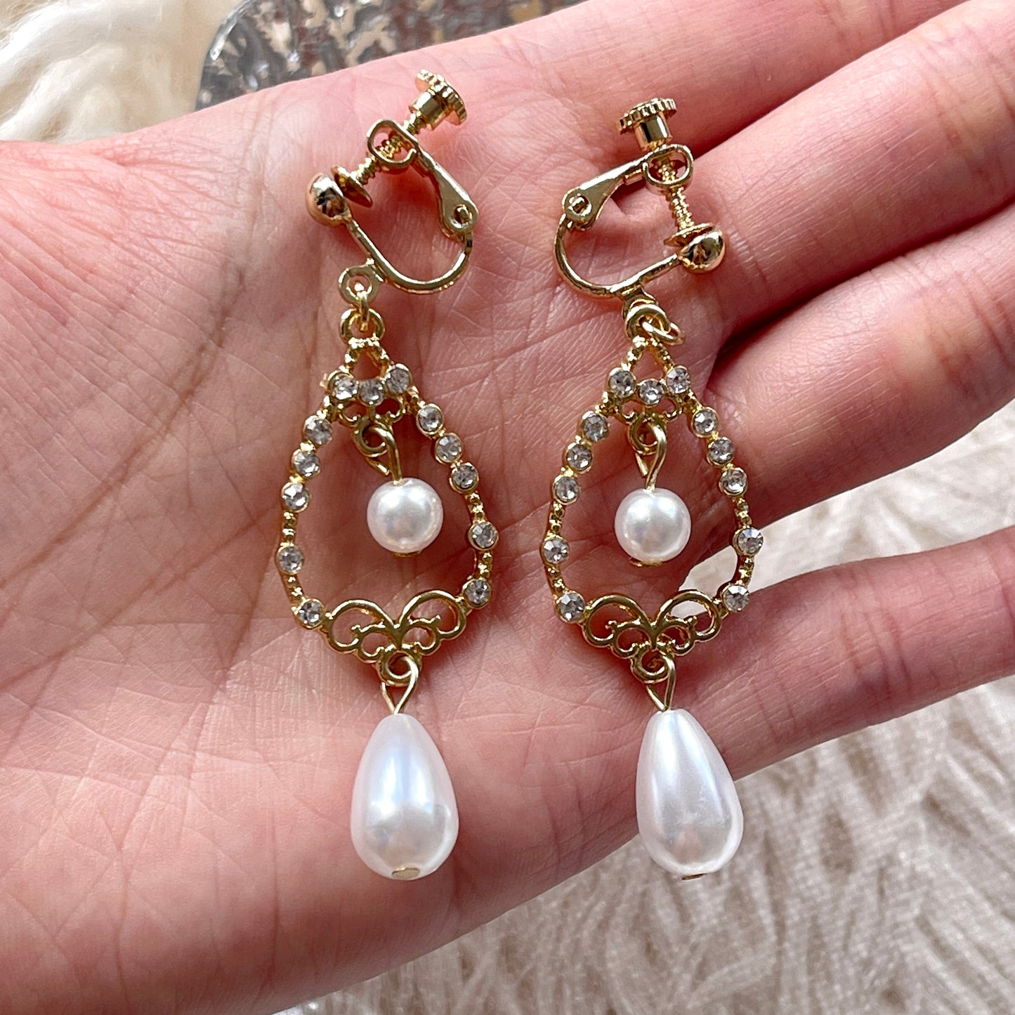 Baroque Pearl Clip On Earrings - Vintage Victorian Teardrop Gold Lace Dangle Earrings