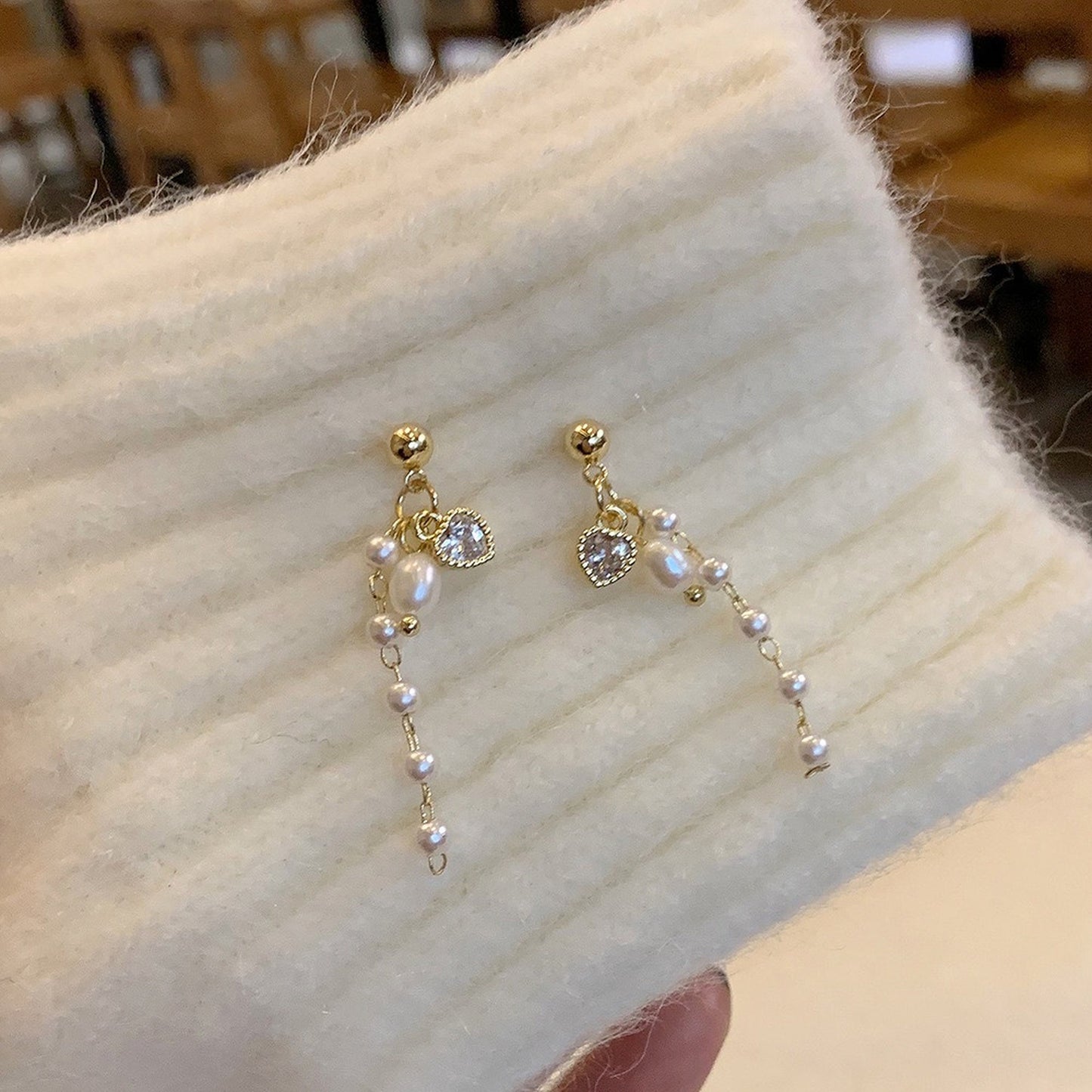 Cute minimalist earrings, Pearl bead drop earrings, Cz heart love earrings, multi layer pearl earrings, Birthday Christmas handmade gifts