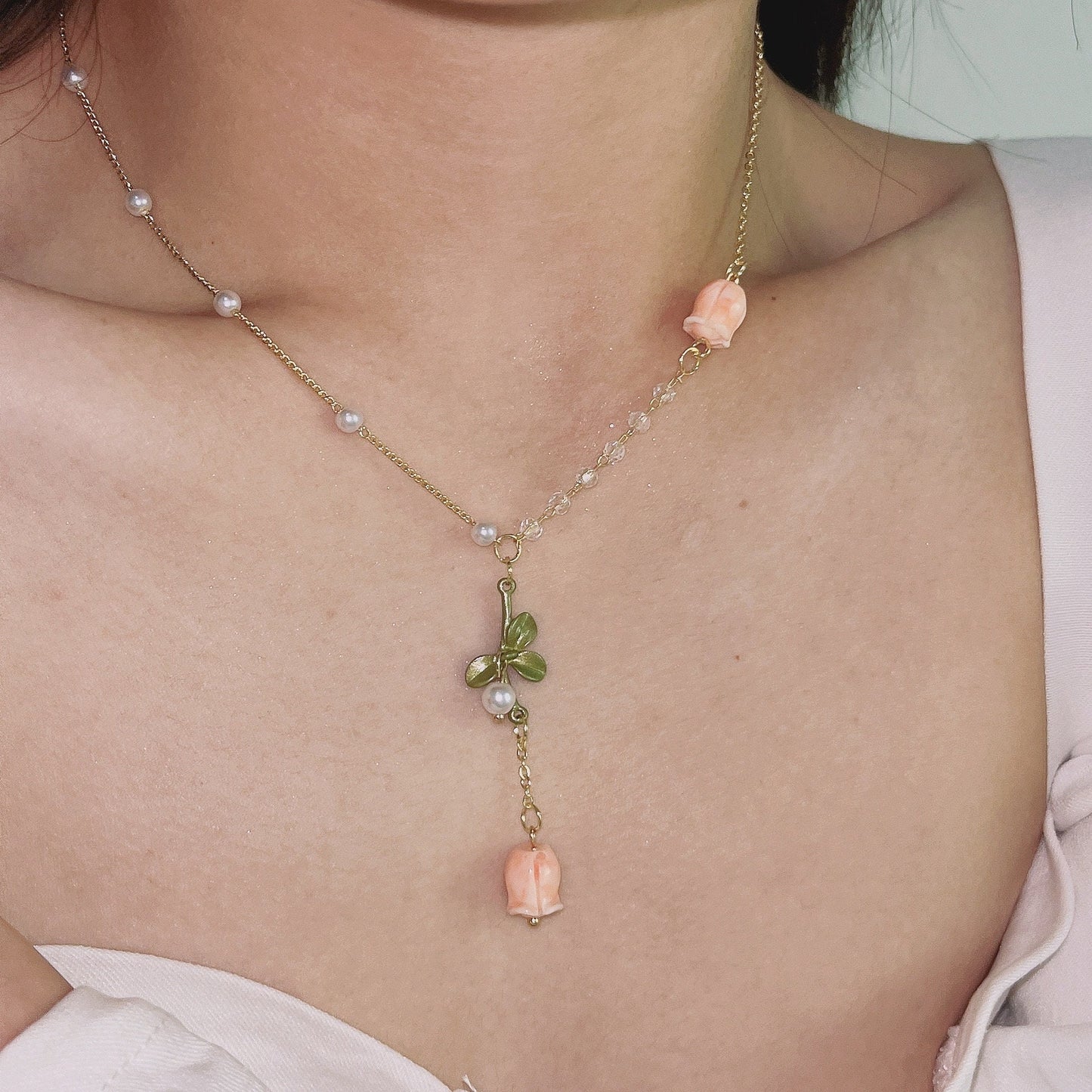 Pink Tulip Floral Earrings And Necklace Jewelry Set | Lariat Charm Necklace Girly Dangle Earrings