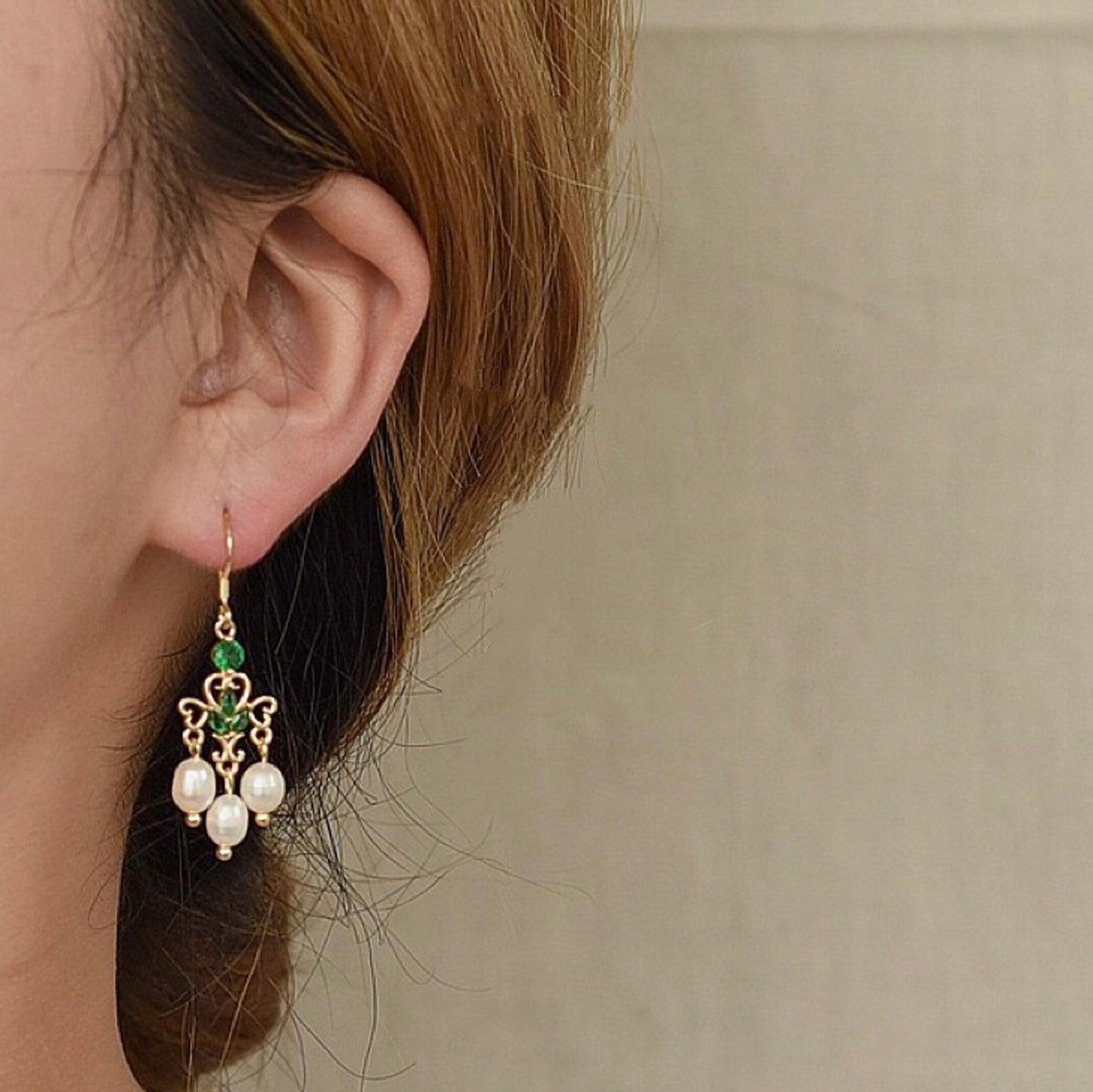 Emerald and Pearl Fan Shaped Tassel Earrings - Delicate Emerald Dangle Earrings