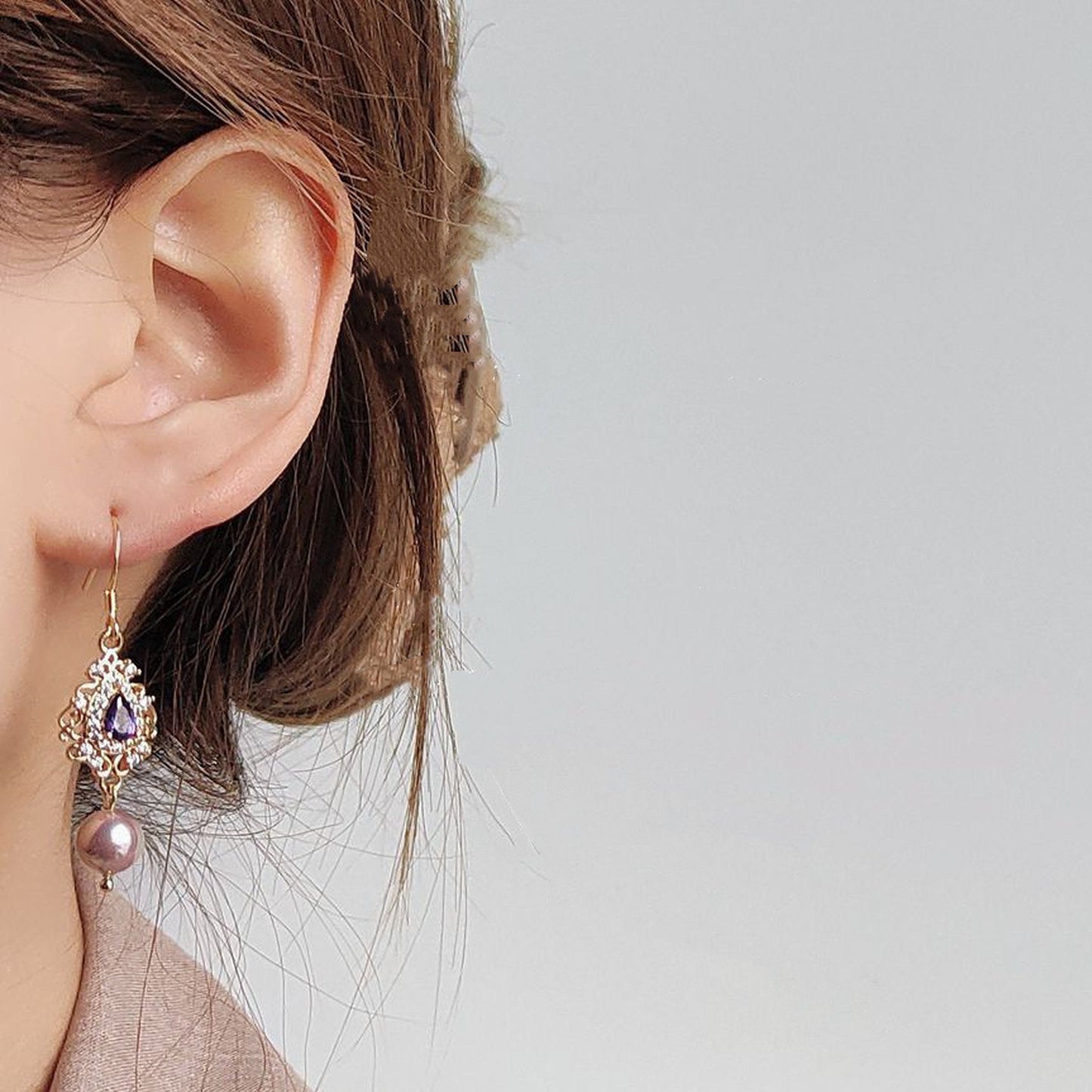 Purple Pearl Amethyst Teardrop Earrings - Purple Gold Lace Bridesmaid wedding Earrings