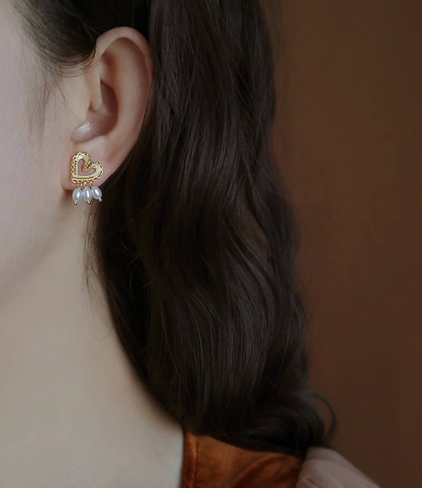 Romantic Heart Gold Lace Earrings | Freshwater Pearl Hoop Tassel Earrings