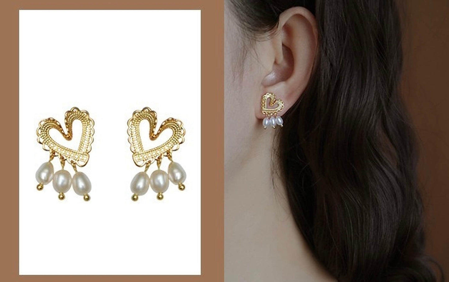 Romantic Heart Gold Lace Earrings | Freshwater Pearl Hoop Tassel Earrings