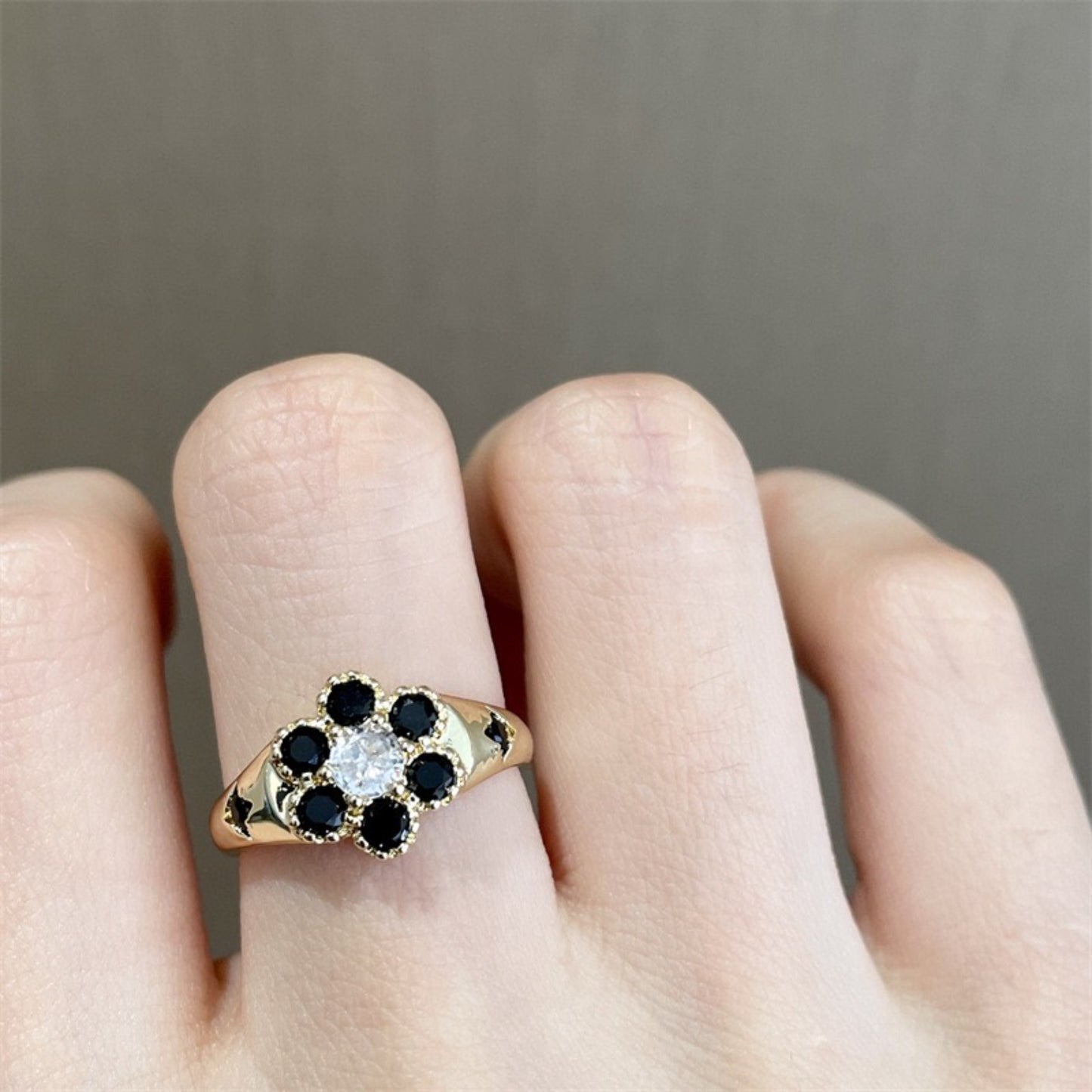 Black Floral Chunky Engraved Gold Ring - Energy Unisex Cocktail Rings