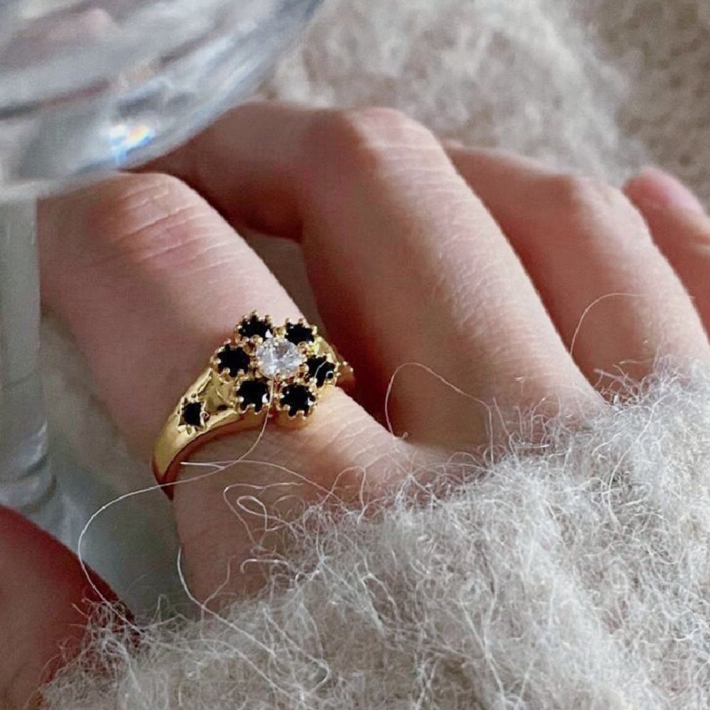 Black Floral Chunky Engraved Gold Ring - Energy Unisex Cocktail Rings