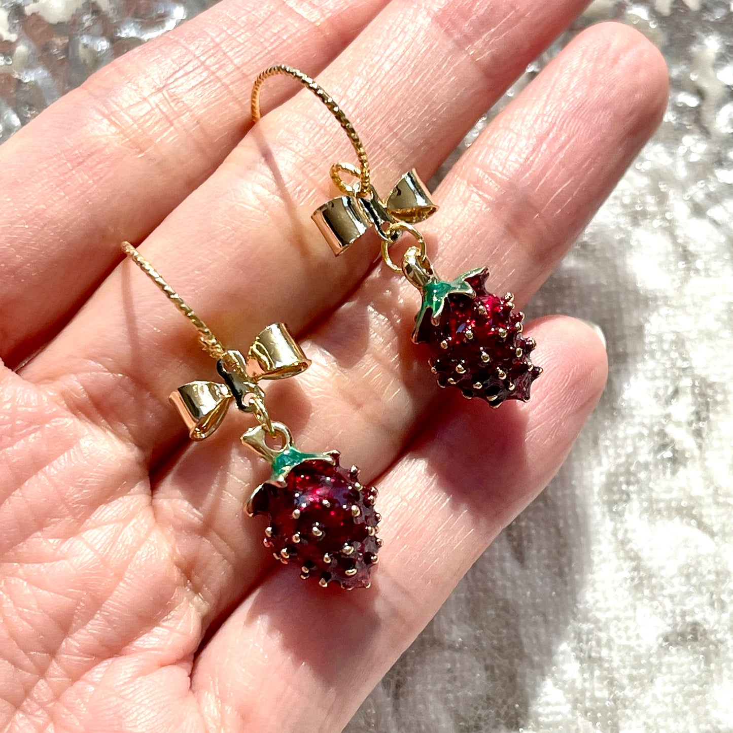 Delicate Cute Strawberry Fruit Earrings - Gold Bow Ribbon Earrings