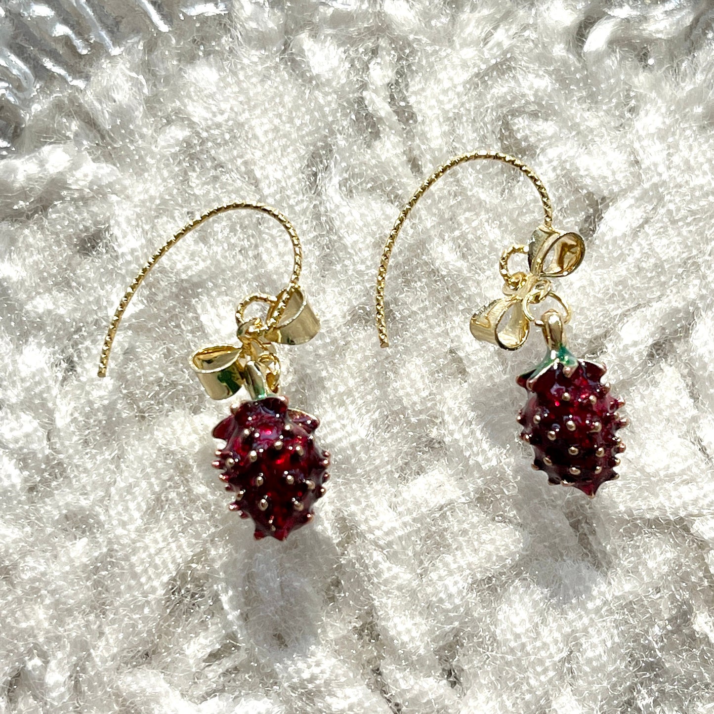 Delicate Cute Strawberry Fruit Earrings - Gold Bow Ribbon Earrings