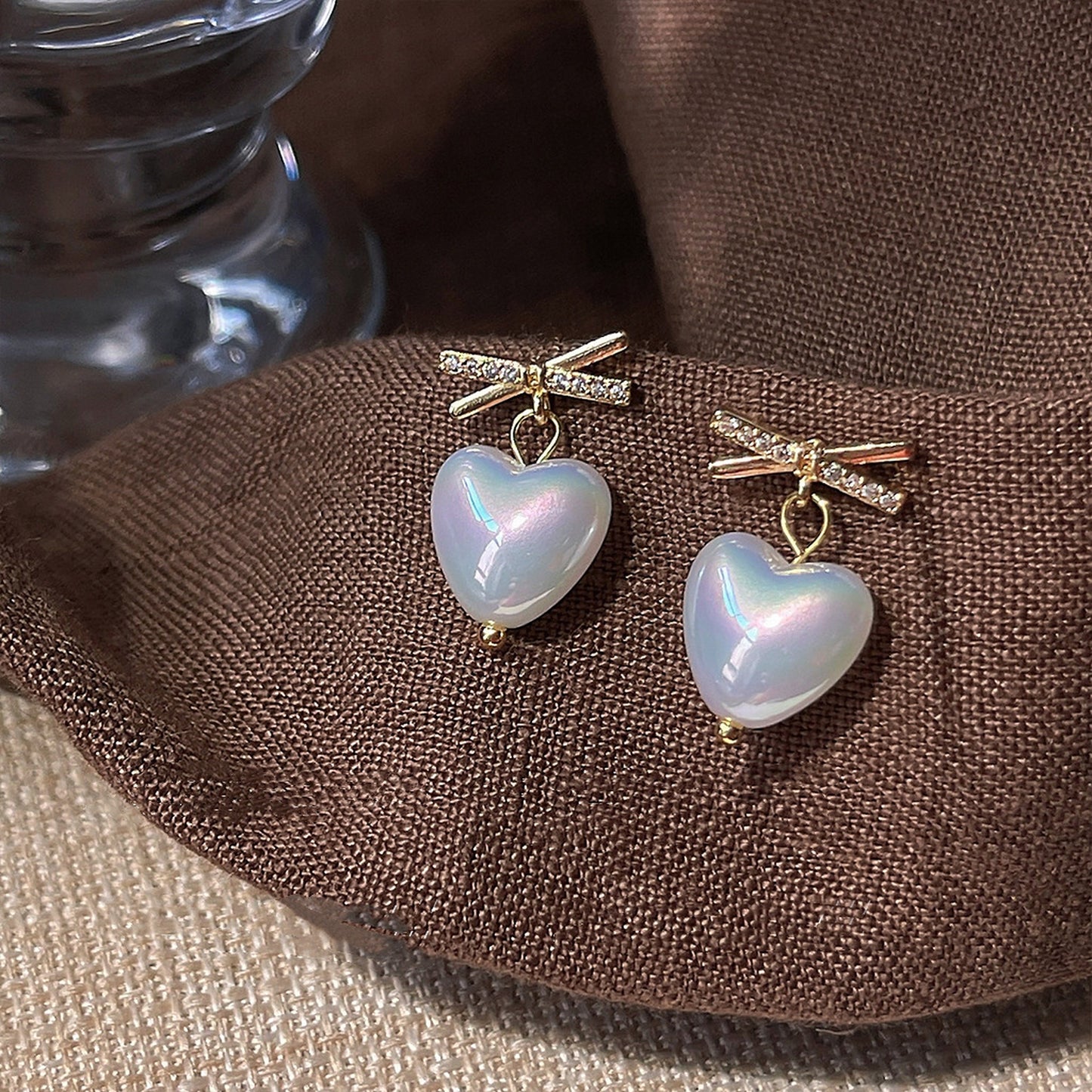 Romantic White Pearl Heart Chunky Stud Earrings | Delicate Gold Bow Ribbon Earrings