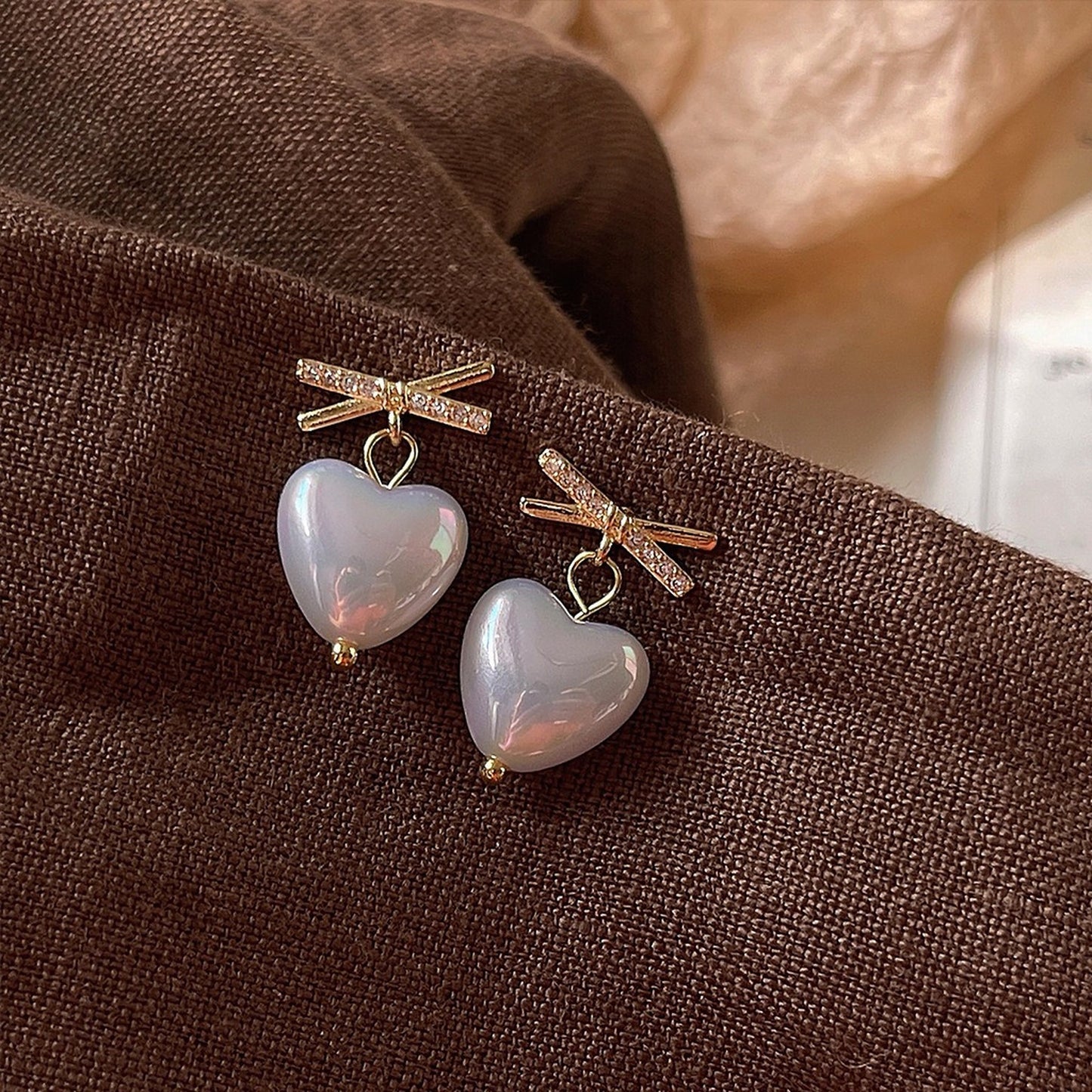 Romantic White Pearl Heart Chunky Stud Earrings | Delicate Gold Bow Ribbon Earrings