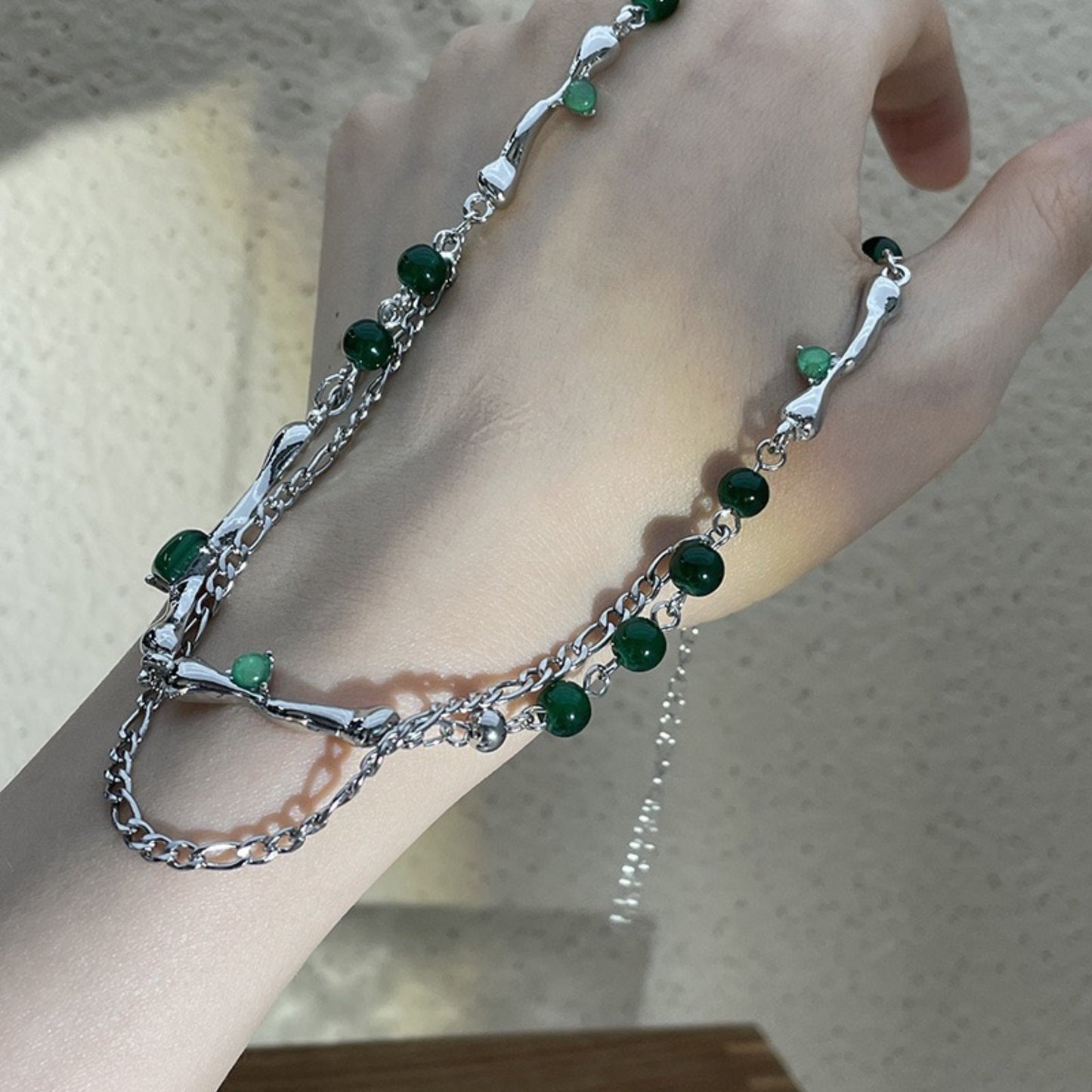 Unisex Emerald Green Layering Necklace | Gothic Punk Streetwear Silver Multi Layer Choker