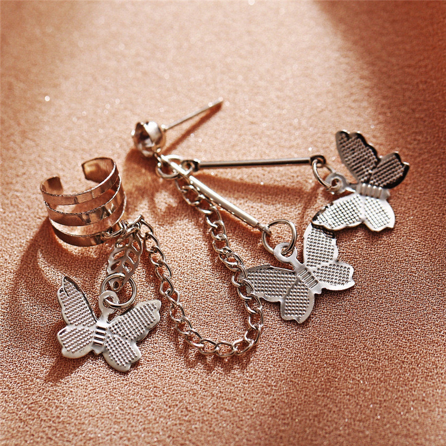 Unique Sterling Silver Multi Layer Butterfly Cuff Wrap | Romantic Gothic Y2K Punk Ear Climber Crawler