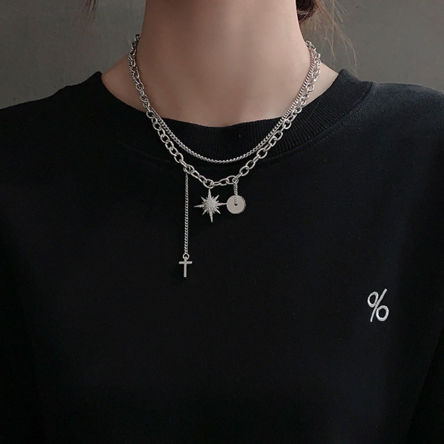 K-pop BTS Silver Punk Streetwear Necklace - Unisex Fallen Star Cross Charm Choker Collar Necklace