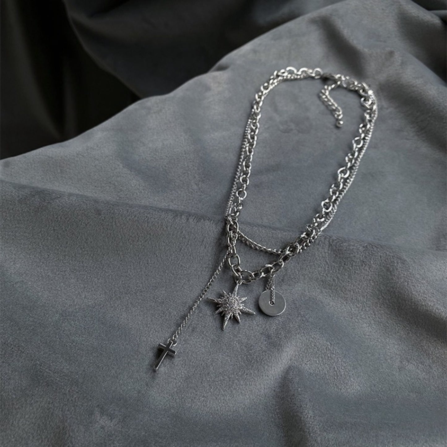 K-pop BTS Silver Punk Streetwear Necklace - Unisex Fallen Star Cross Charm Choker Collar Necklace