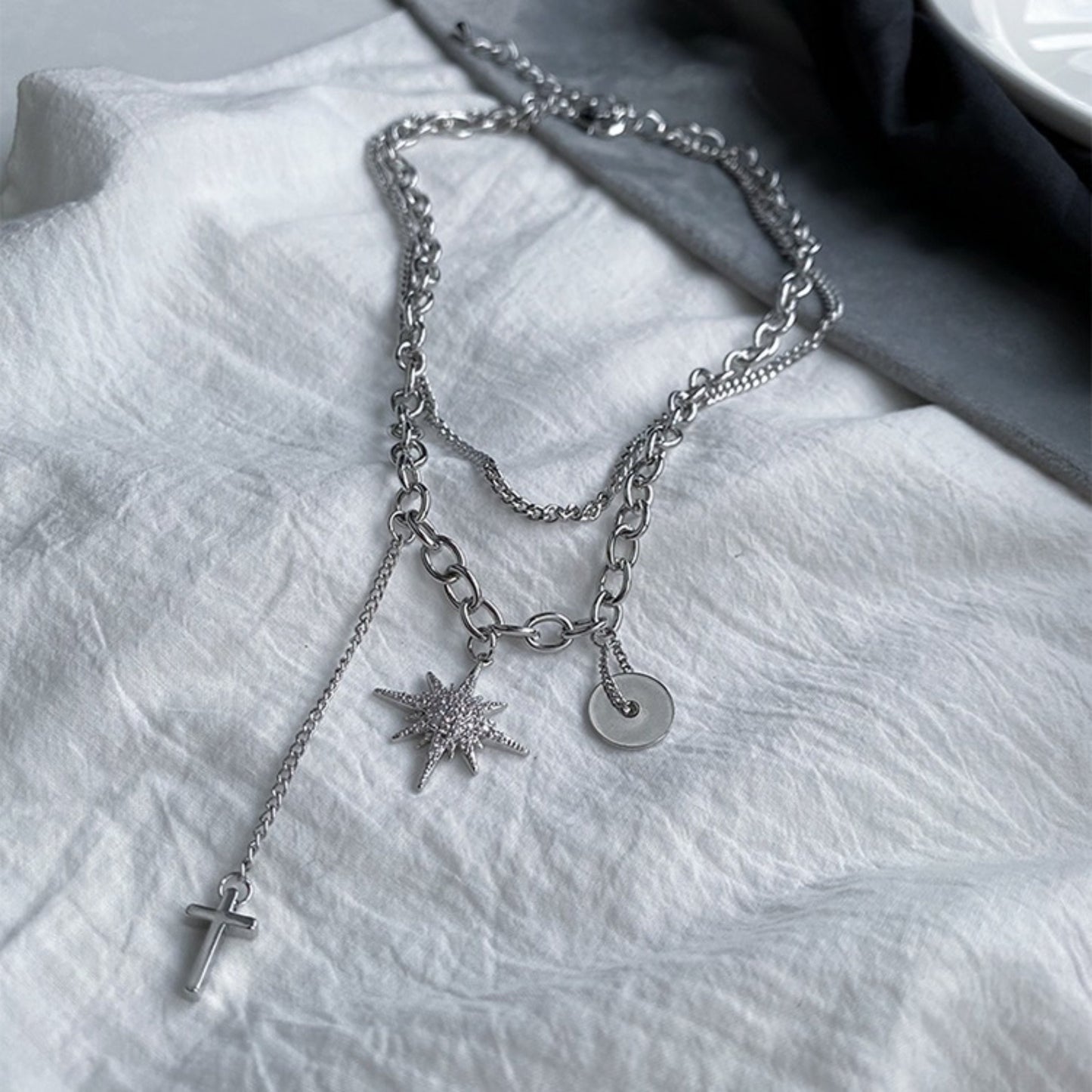 K-pop BTS Silver Punk Streetwear Necklace - Unisex Fallen Star Cross Charm Choker Collar Necklace