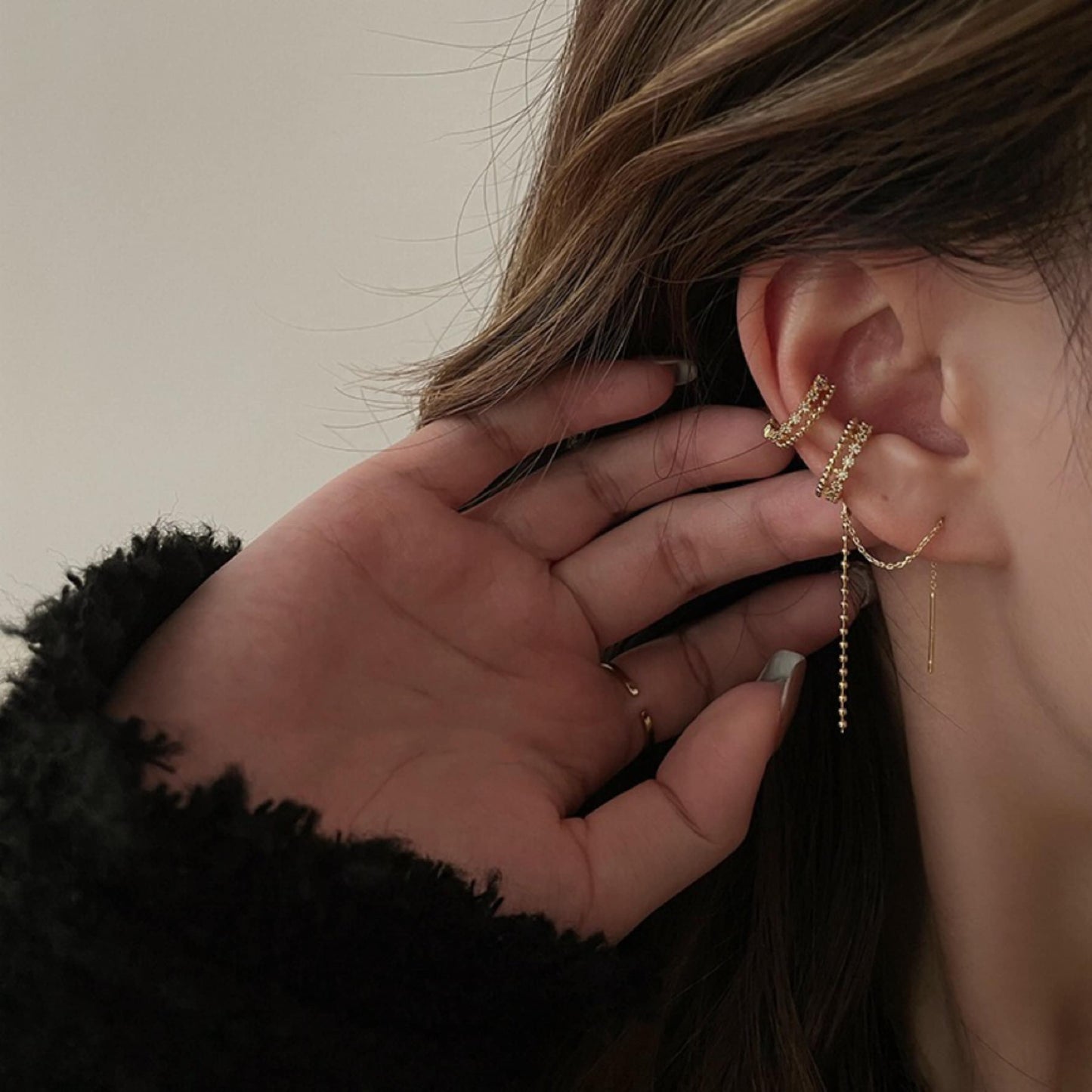 Double layer dangle ear cuff threaders, Gold lace cuff earrings, Gold ear climber threaders set, Delicate helix earrings, Everyday jewelry