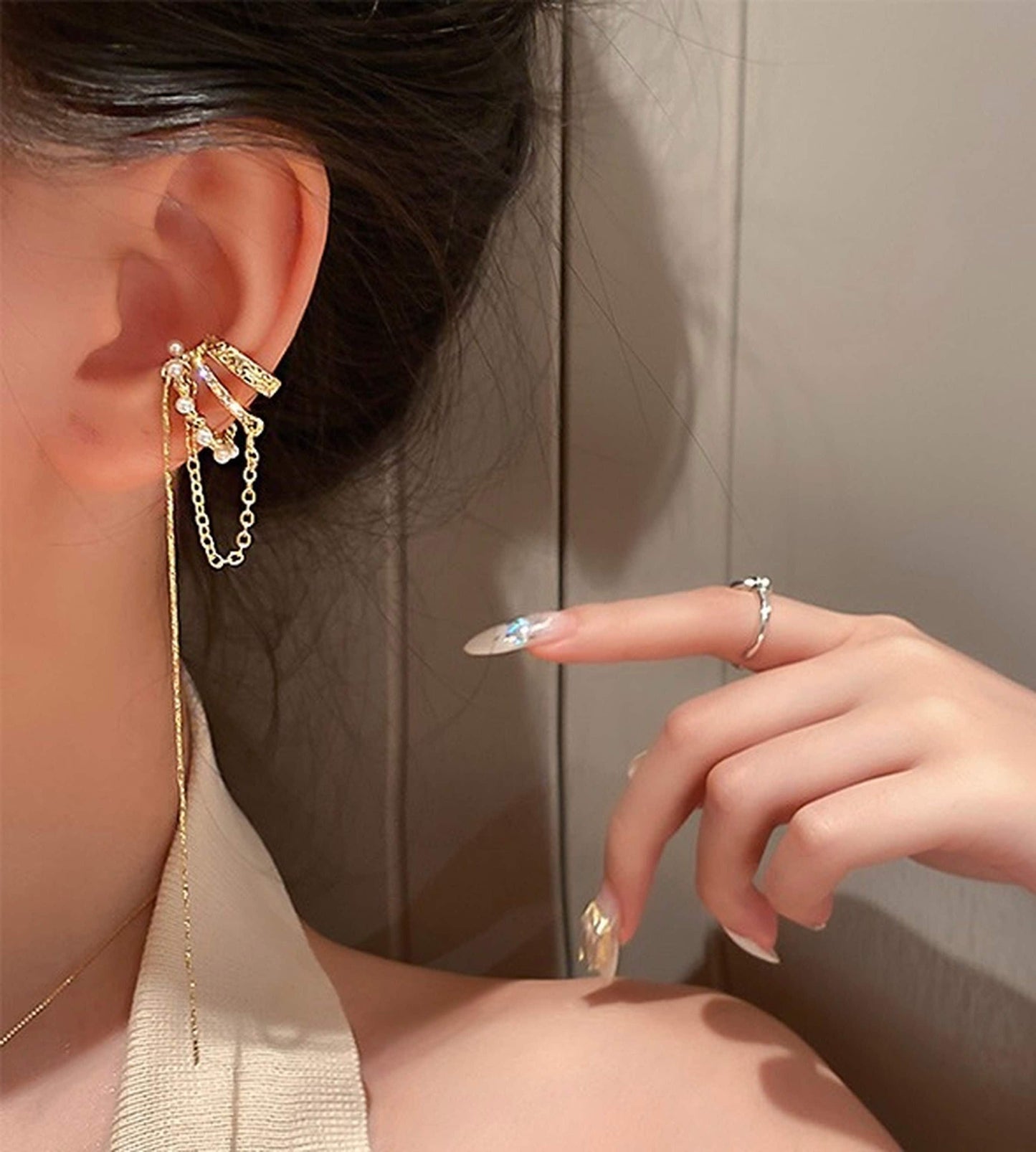 Multi Layer No Piercing Ear Cuff - Gold Tassel Ear Climber - Long Dangle Ear Cuff Clip - Conch Helix Ear Jacket