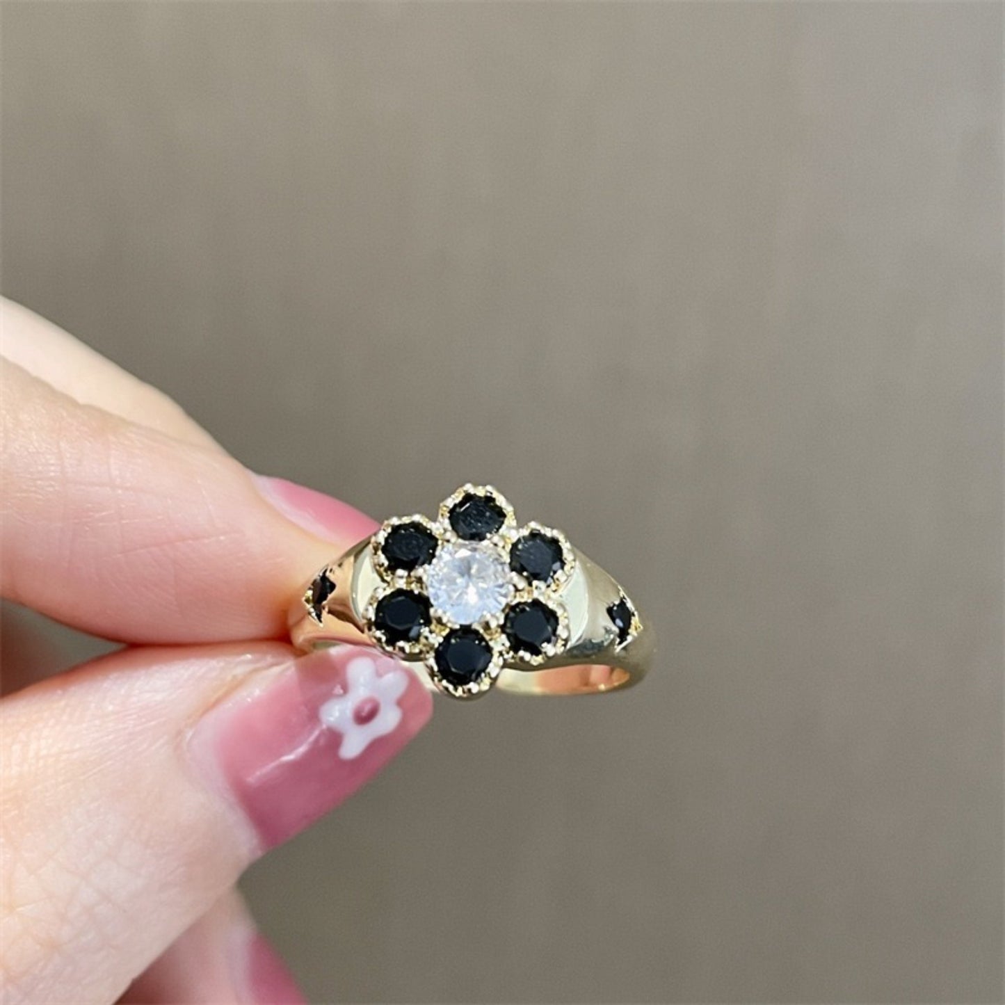 Black Floral Chunky Engraved Gold Ring - Energy Unisex Cocktail Rings
