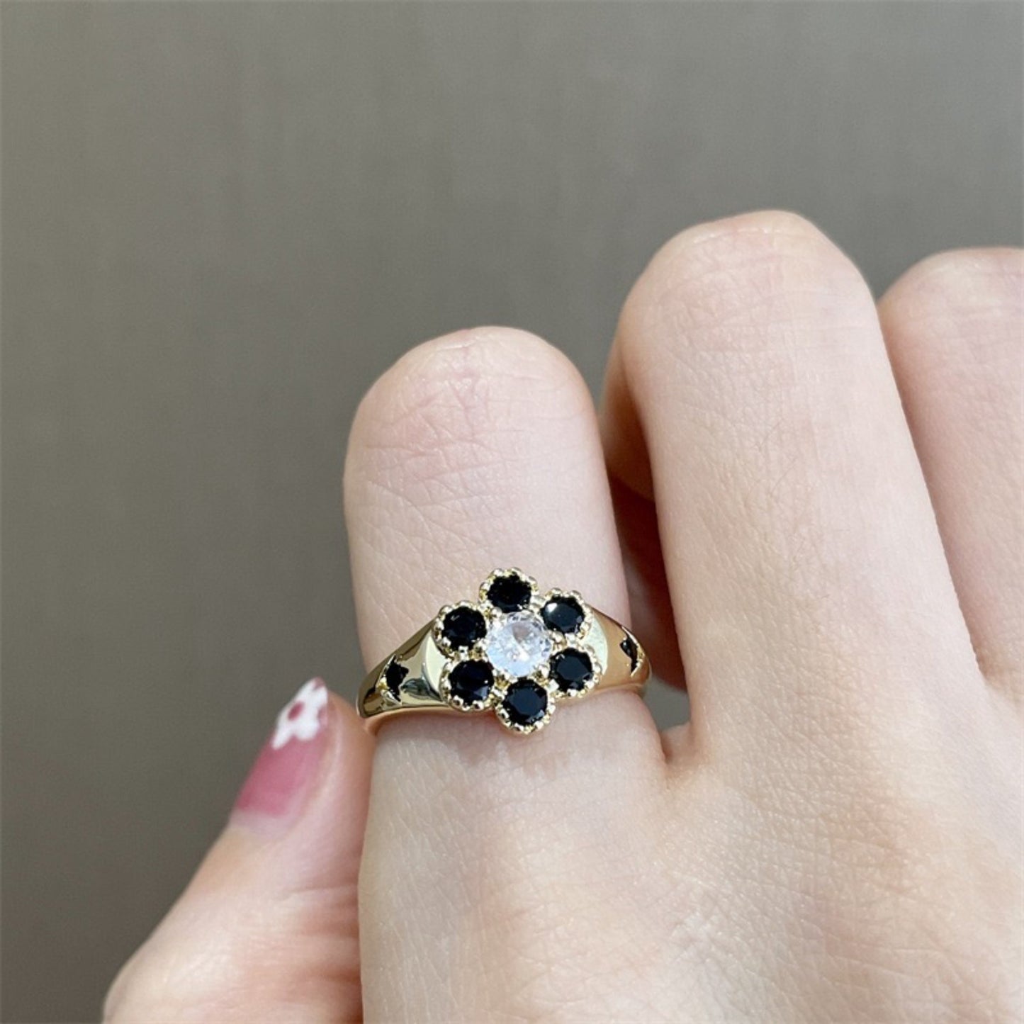 Black Floral Chunky Engraved Gold Ring - Energy Unisex Cocktail Rings