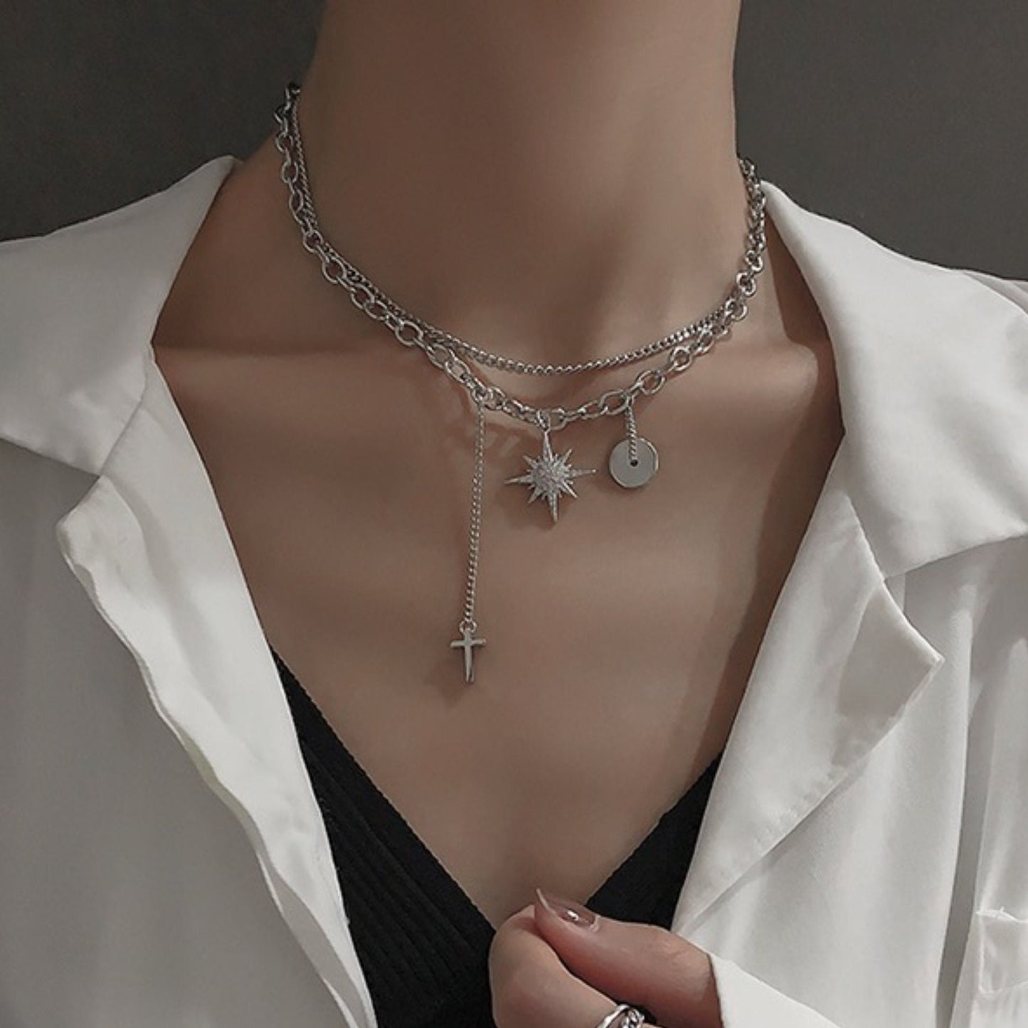 K-pop BTS Silver Punk Streetwear Necklace - Unisex Fallen Star Cross Charm Choker Collar Necklace
