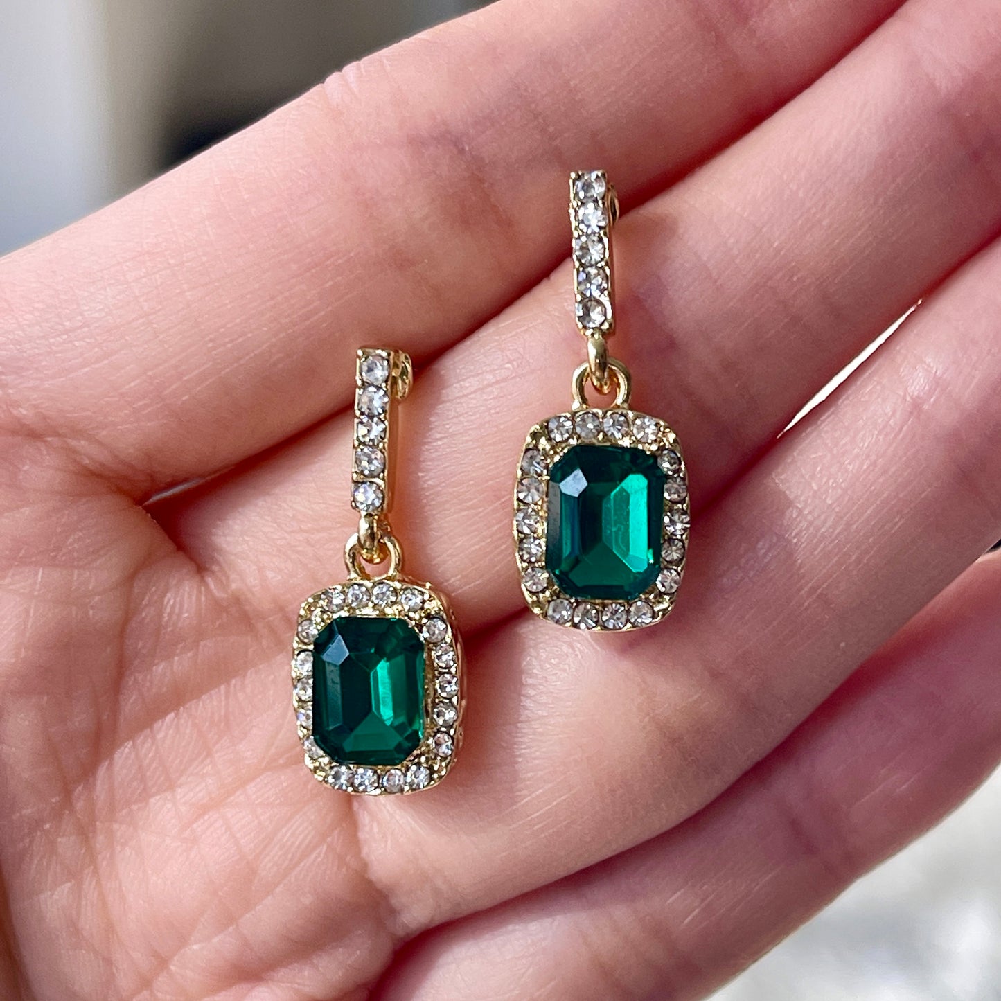 Emerald Green Gold Lace Earrings - Rectangle Emerald Dangle Earrings