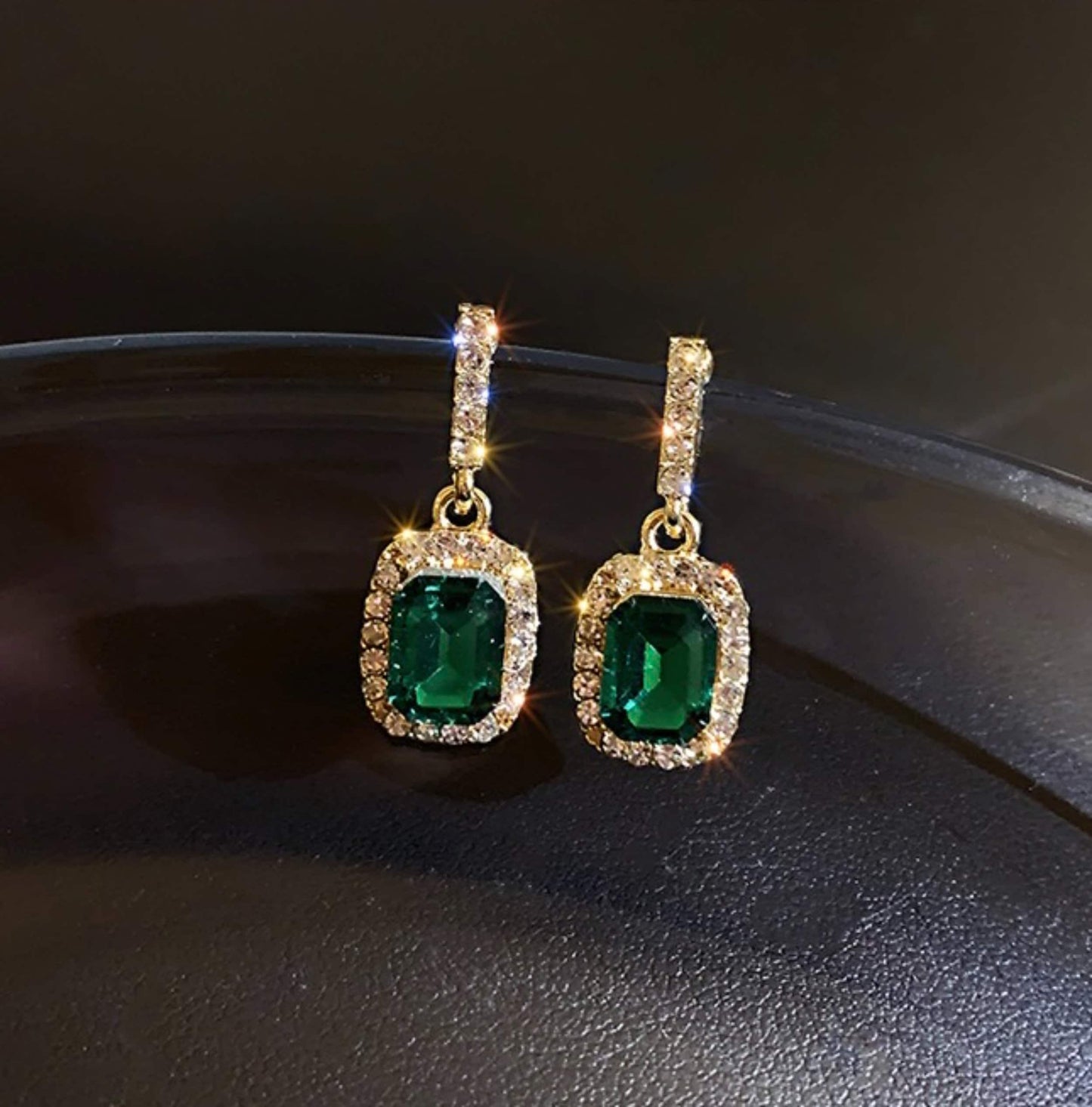 Emerald Green Gold Lace Earrings - Rectangle Emerald Dangle Earrings