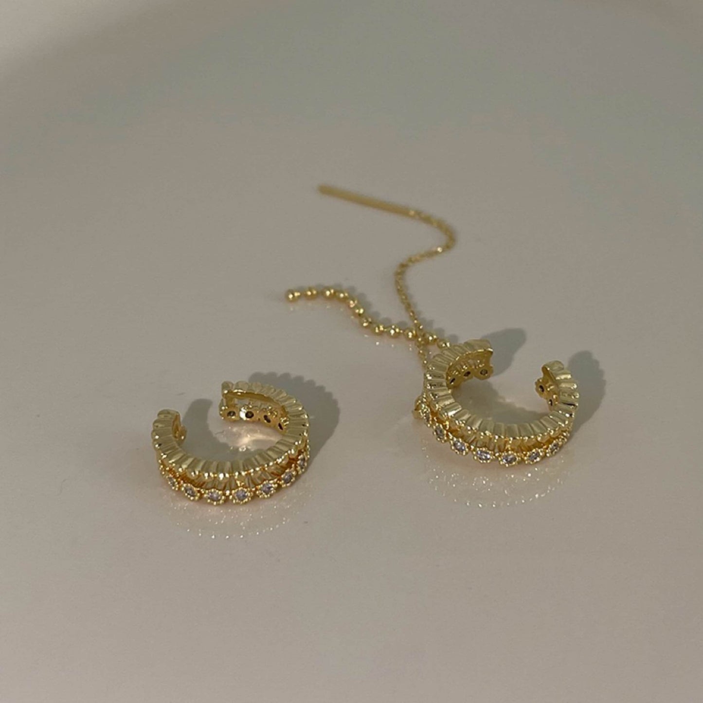 Double layer dangle ear cuff threaders, Gold lace cuff earrings, Gold ear climber threaders set, Delicate helix earrings, Everyday jewelry