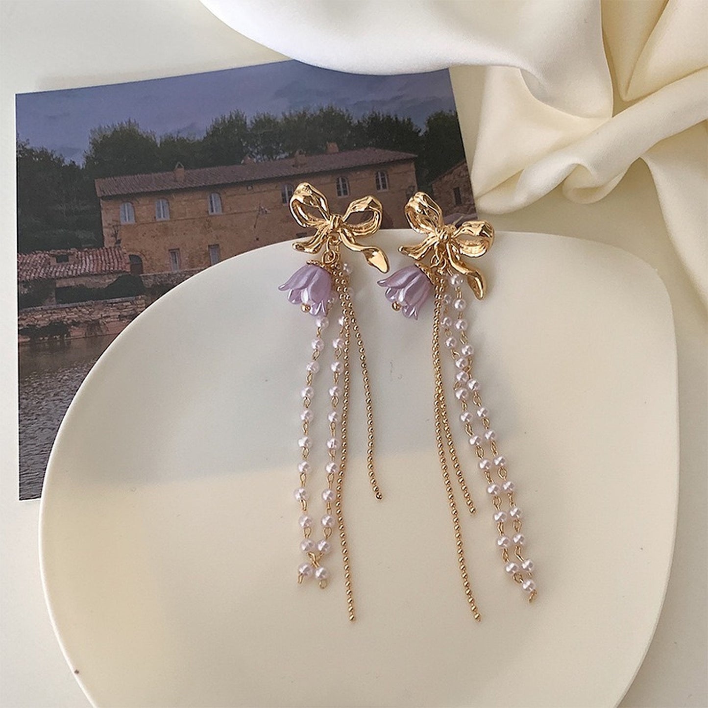 Purple Lavender Lily Flower Dangle Earrings - Gold Ribbon Bow Layering Long Earrings