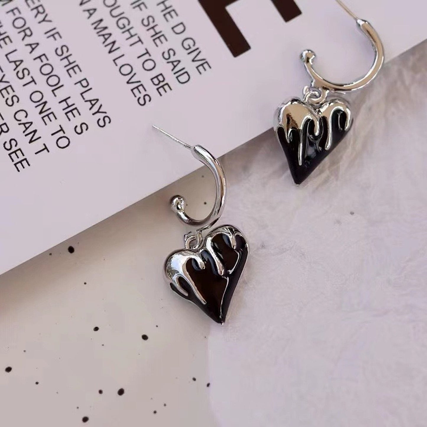 Cyberpunk Black Melting Heart Dangle Earrings - Unisex Silver Hoop Tattoo Graffiti Jewelry