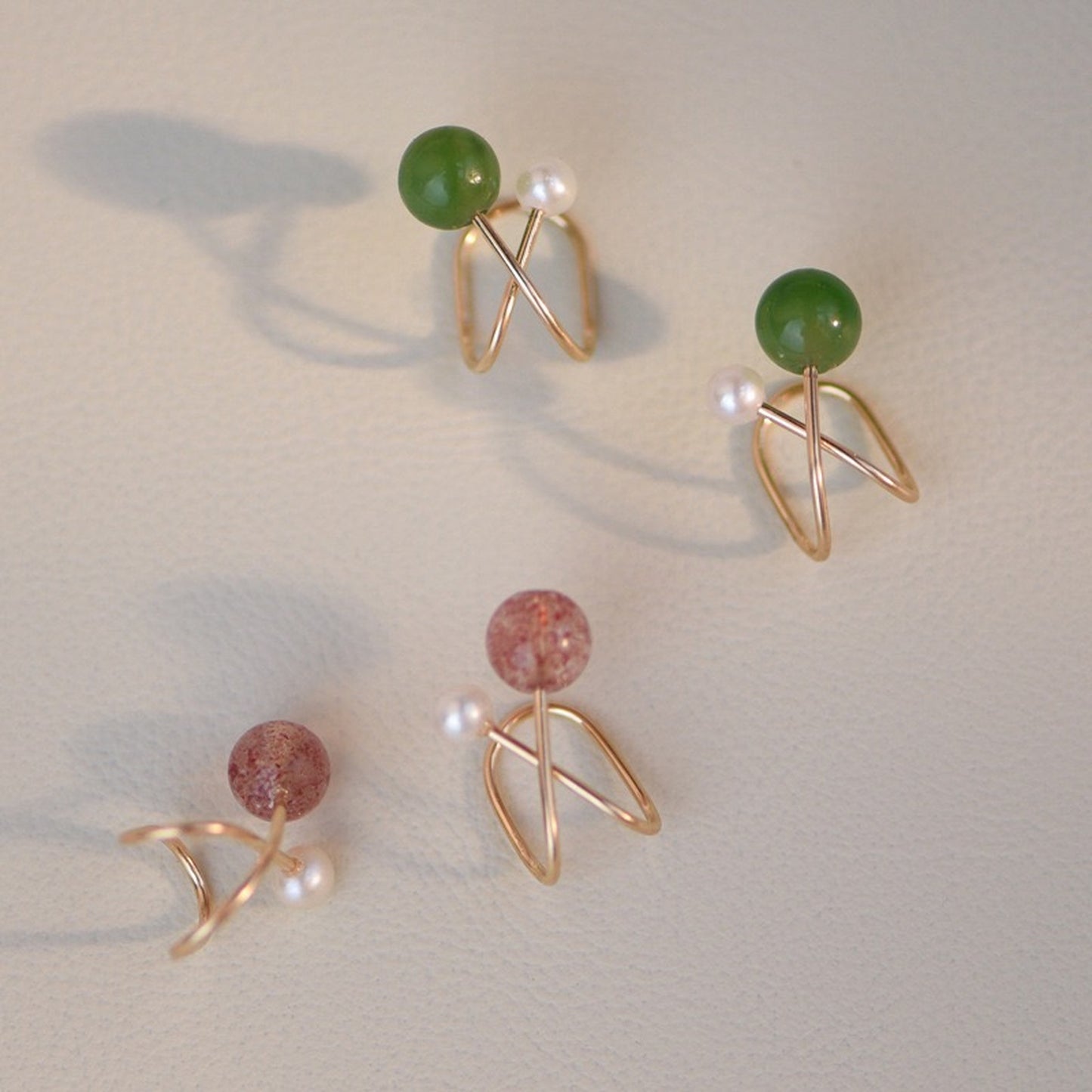 No piercing clip on ear studs, Intercross gold pearl earrings, Helix ear bone cuff climber, Pink and green stud earrings,Non pierced jewelry